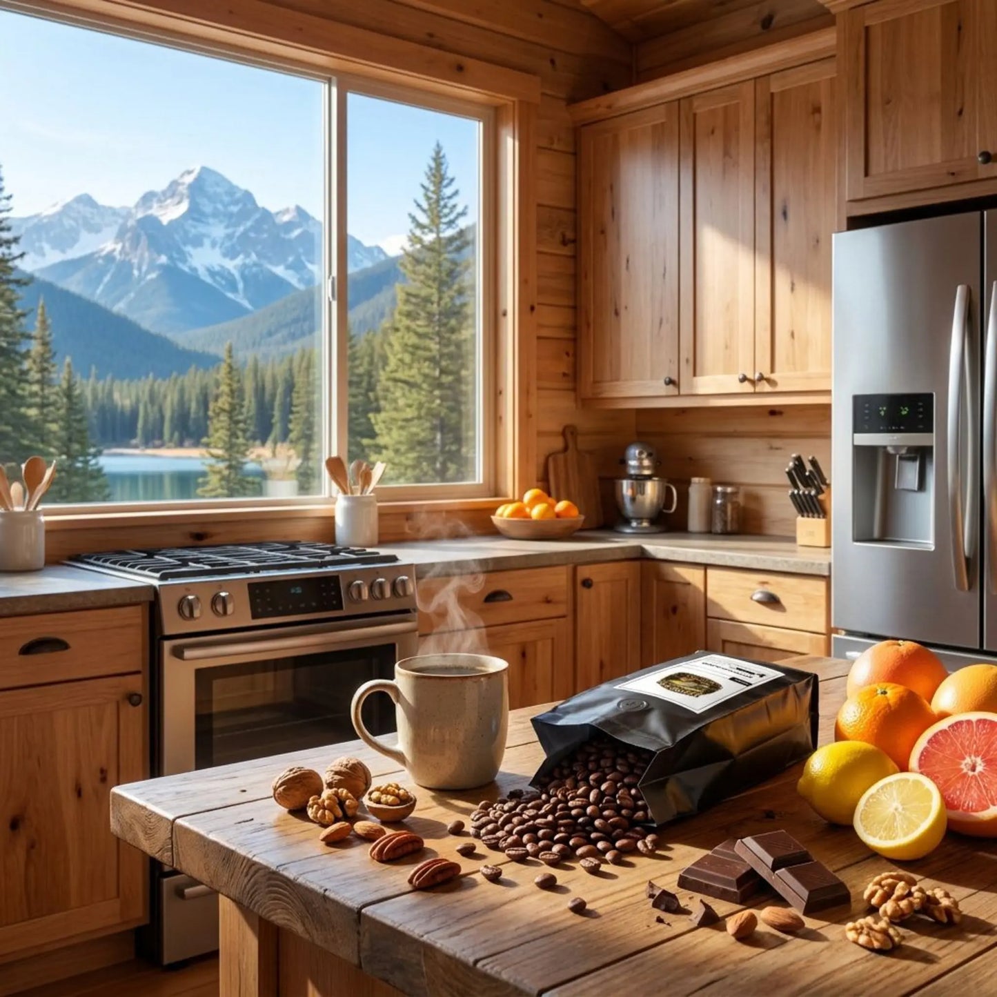 Wooden kitchen with mountain view, coffee beans, and fruits on a table.