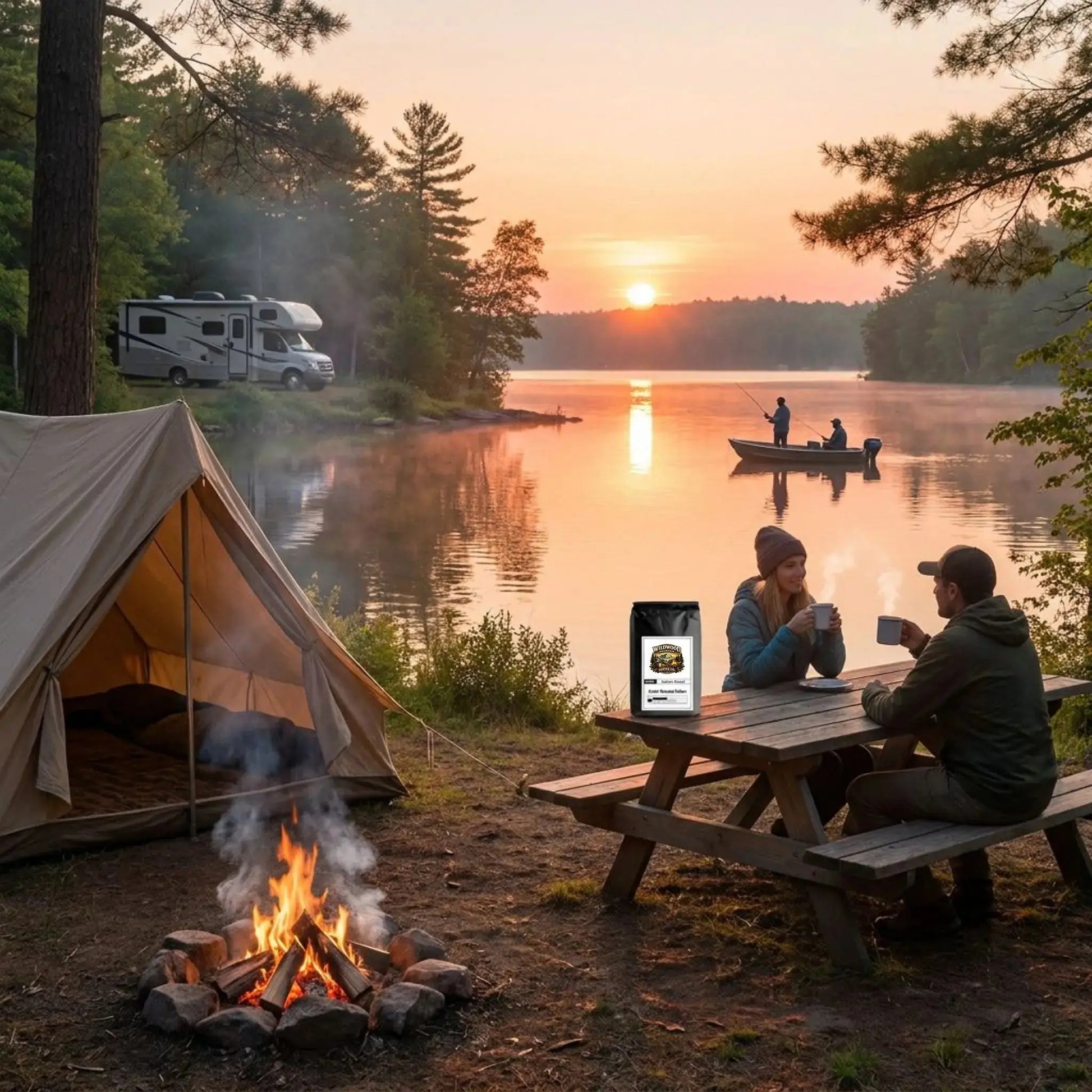 Camping scene with a tent, fire pit, and people by a lake at sunset.