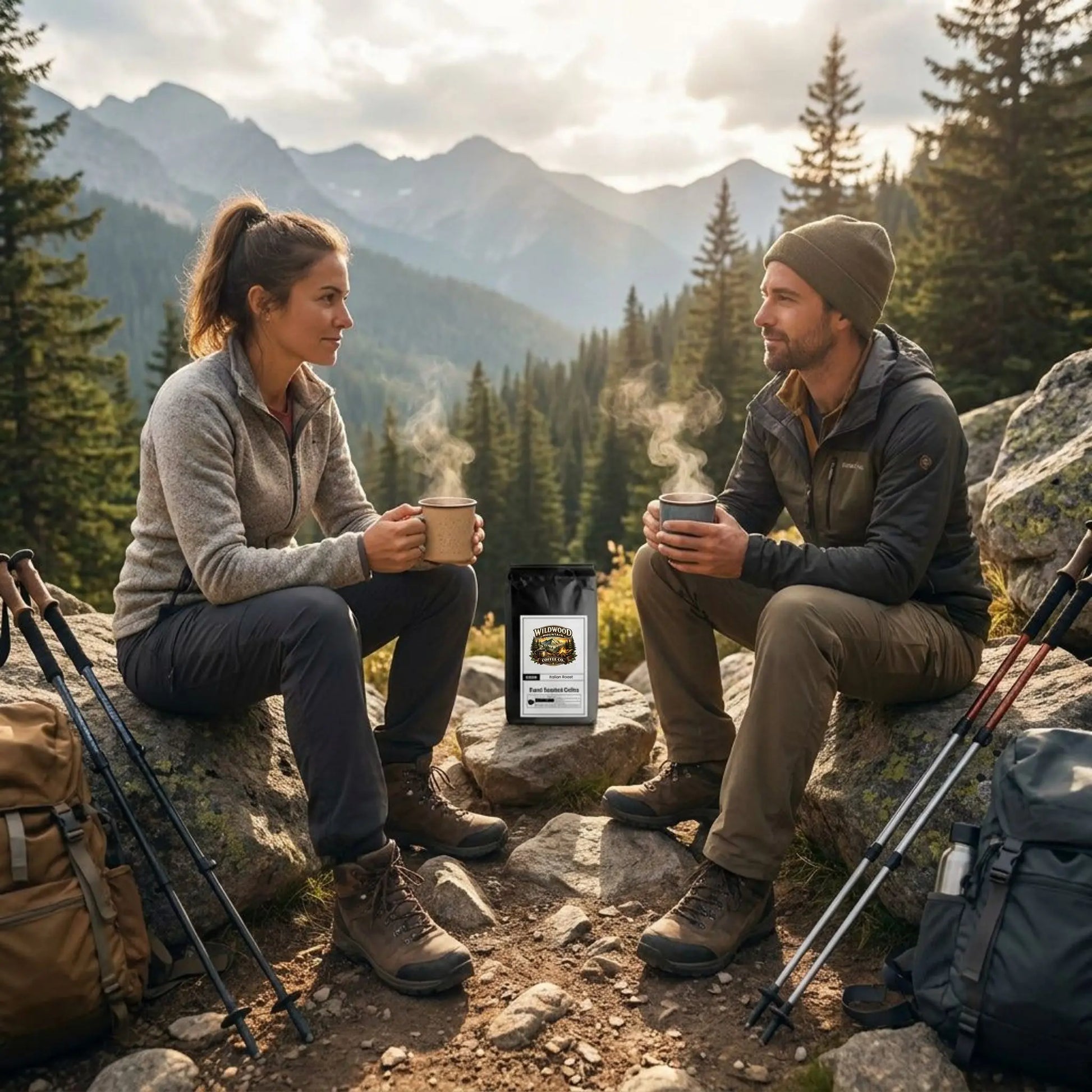 Two people sitting on a rocky mountain ledge with backpacks and coffee, enjoying the scenic view.