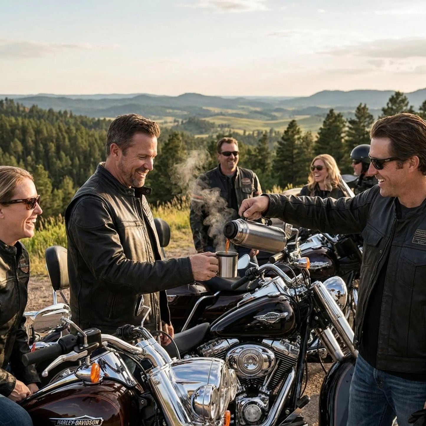 Group of motorcyclists taking a break with coffee in a scenic outdoor setting