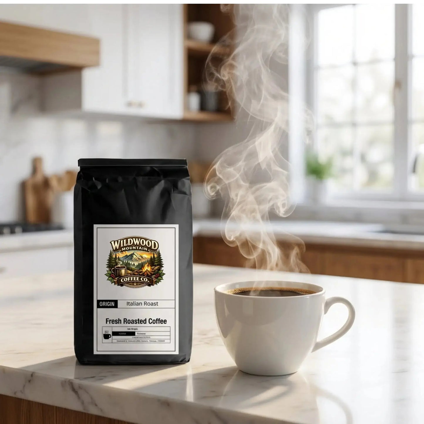 Wildwood Coffee Co. bag and steaming cup of coffee on a kitchen counter