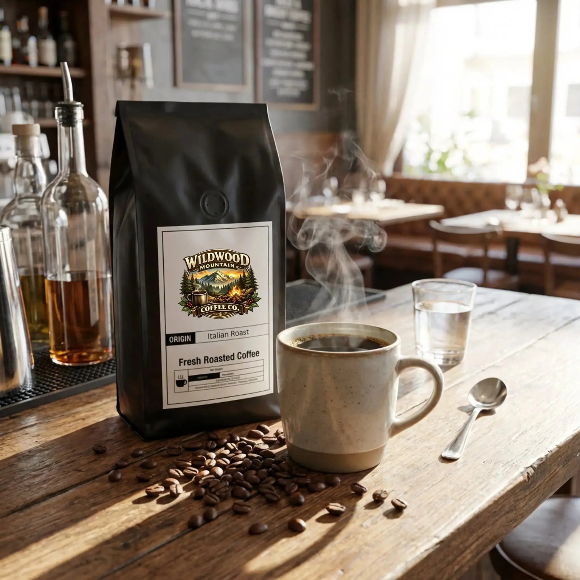 Wildwood Coffee Co. bag with a steaming cup of coffee on a wooden table.