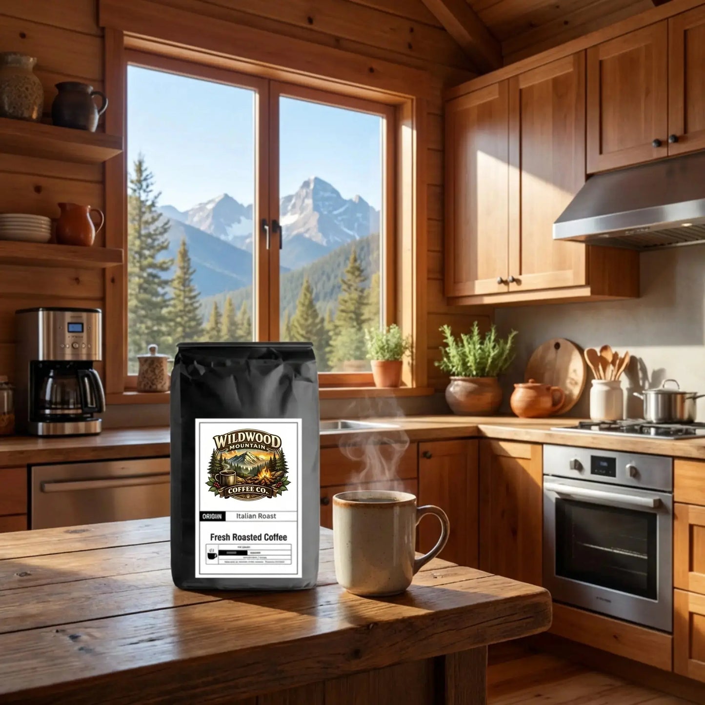 Wooden kitchen with coffee bag and steaming cup, featuring a scenic mountain view.