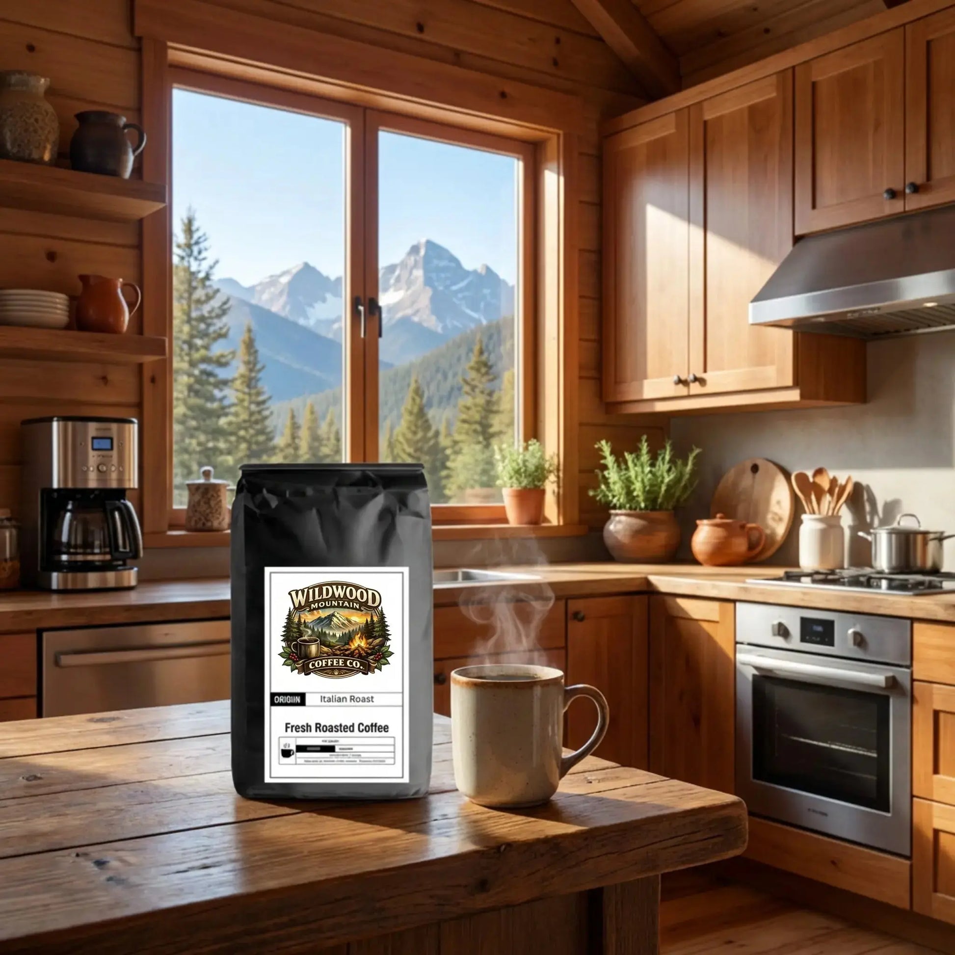 Wooden kitchen with coffee bag and steaming cup, featuring a scenic mountain view.