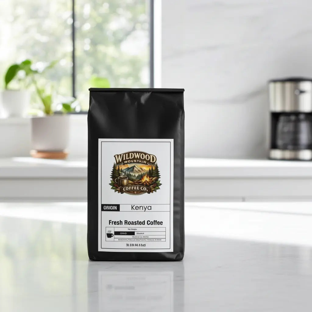 Coffee bag from Wildwood Mountain Coffee Co. on a kitchen counter with a window and coffee maker in the background.