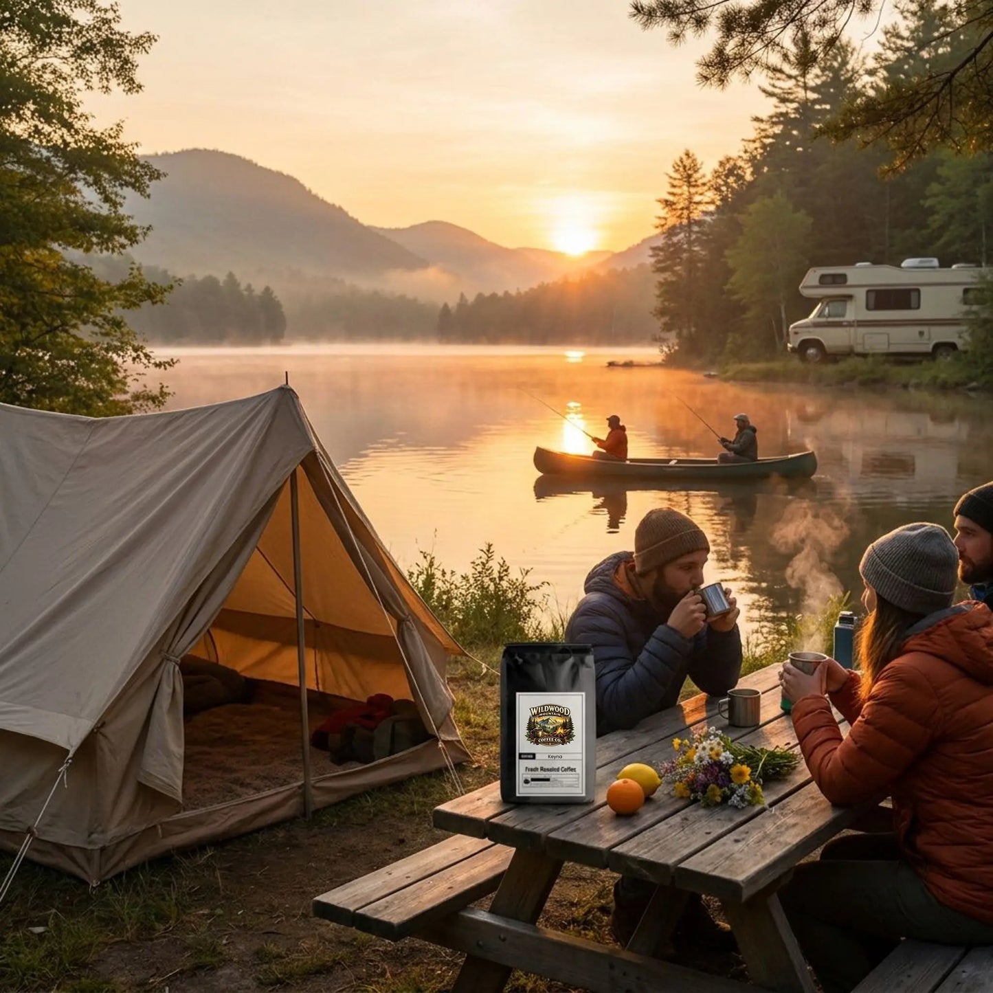Camping scene with a tent, campers by a lake, and a sunset.