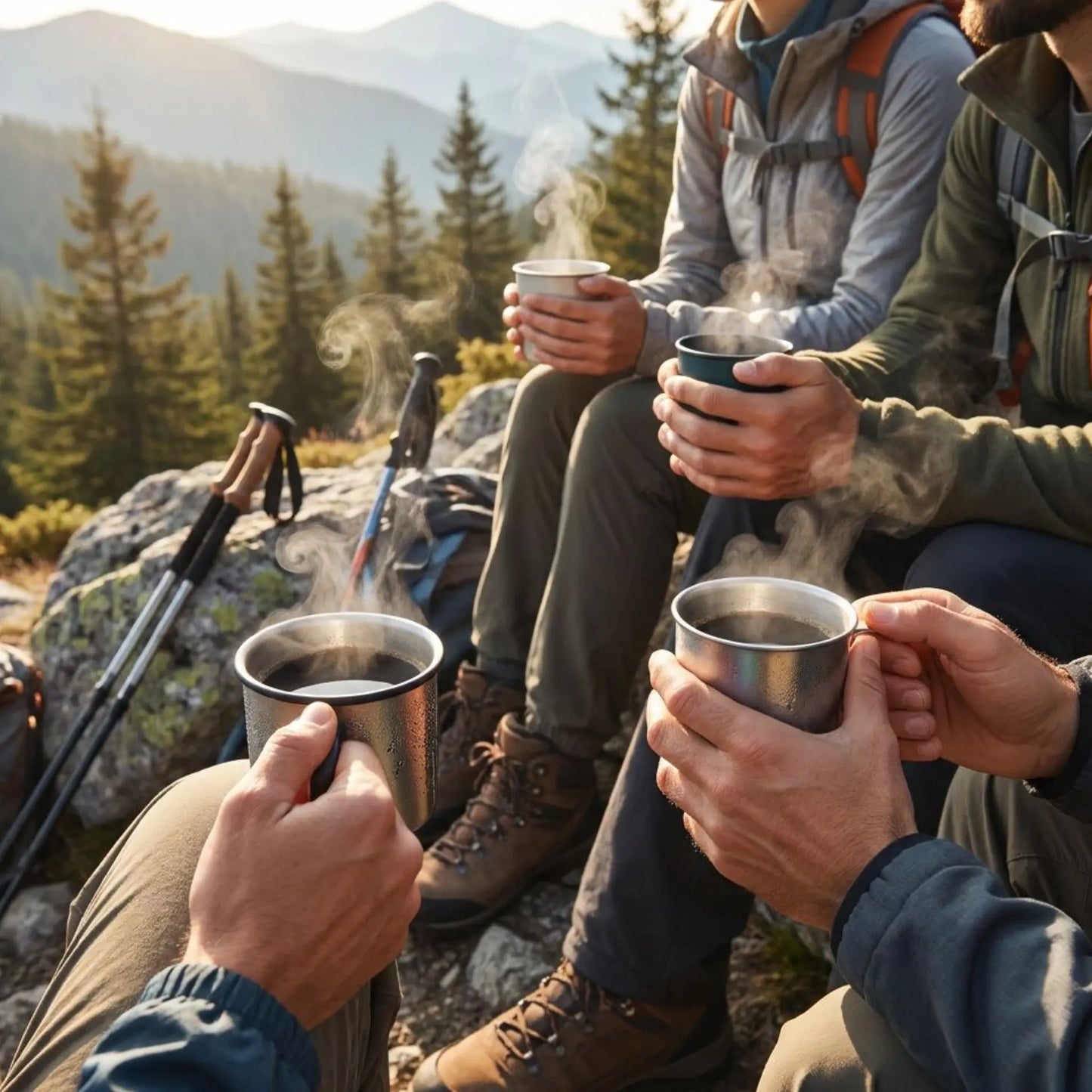Hikers sitting on a rocky mountain ledge holding steaming hot drinks with a scenic background.