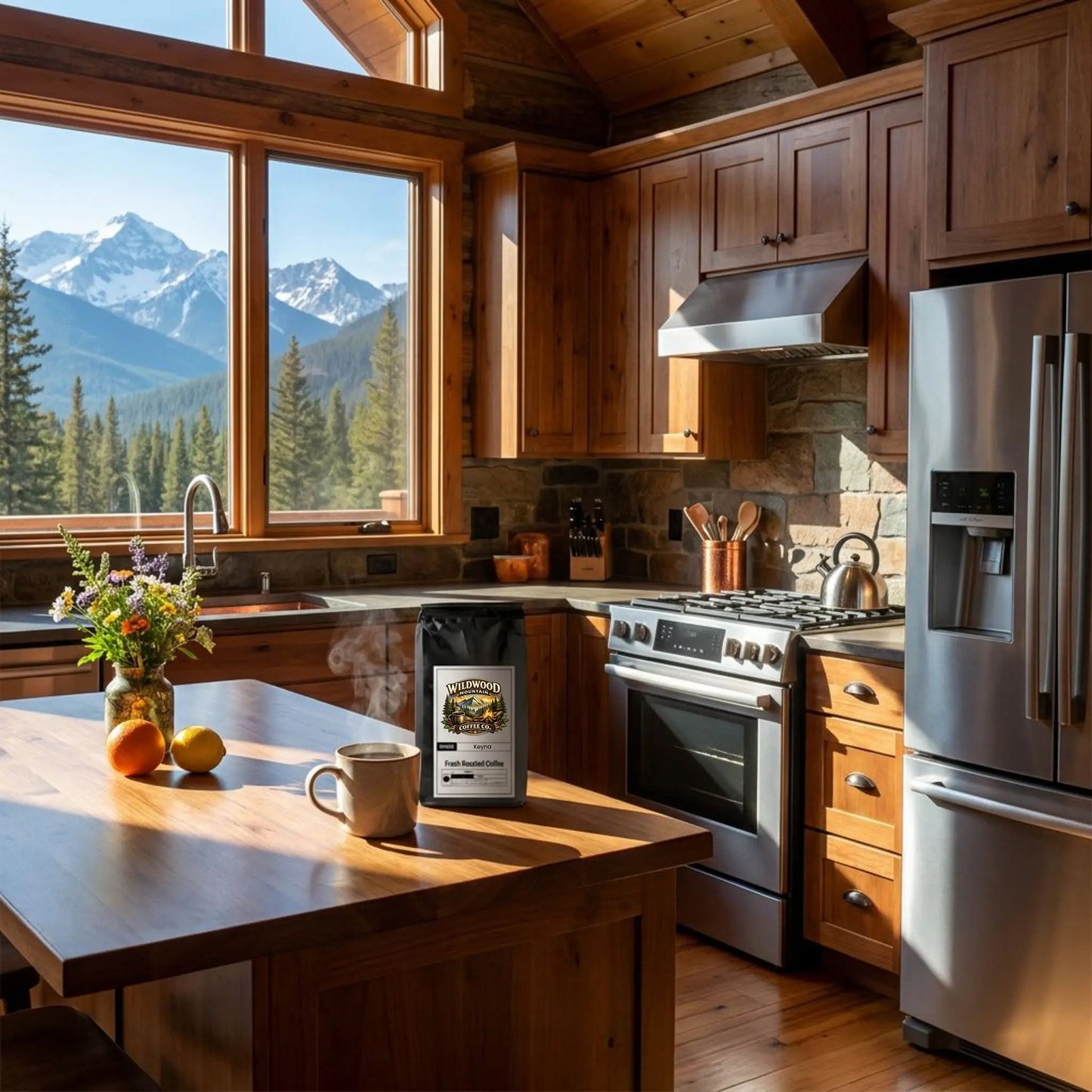 Mountain Cabin kitchen with wooden cabinets, stainless steel appliances, and a view of mountains.