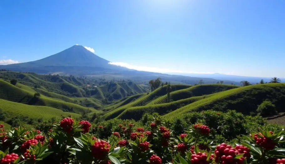 Kintamani Bali - Scenic view of a mountain range with green hills and coffee growing in the foreground.