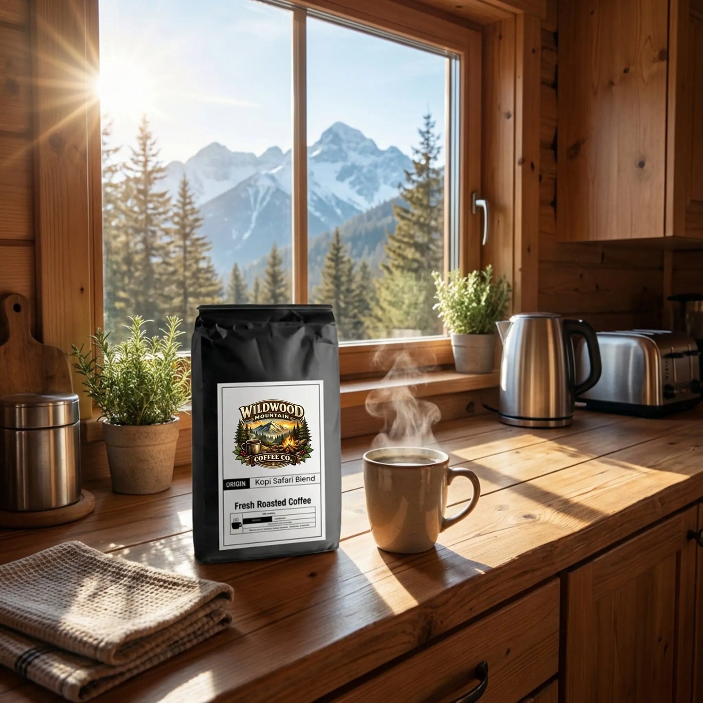 Bag of Wildwood Coffee Co. coffee on a wooden kitchen counter with a scenic mountain view.