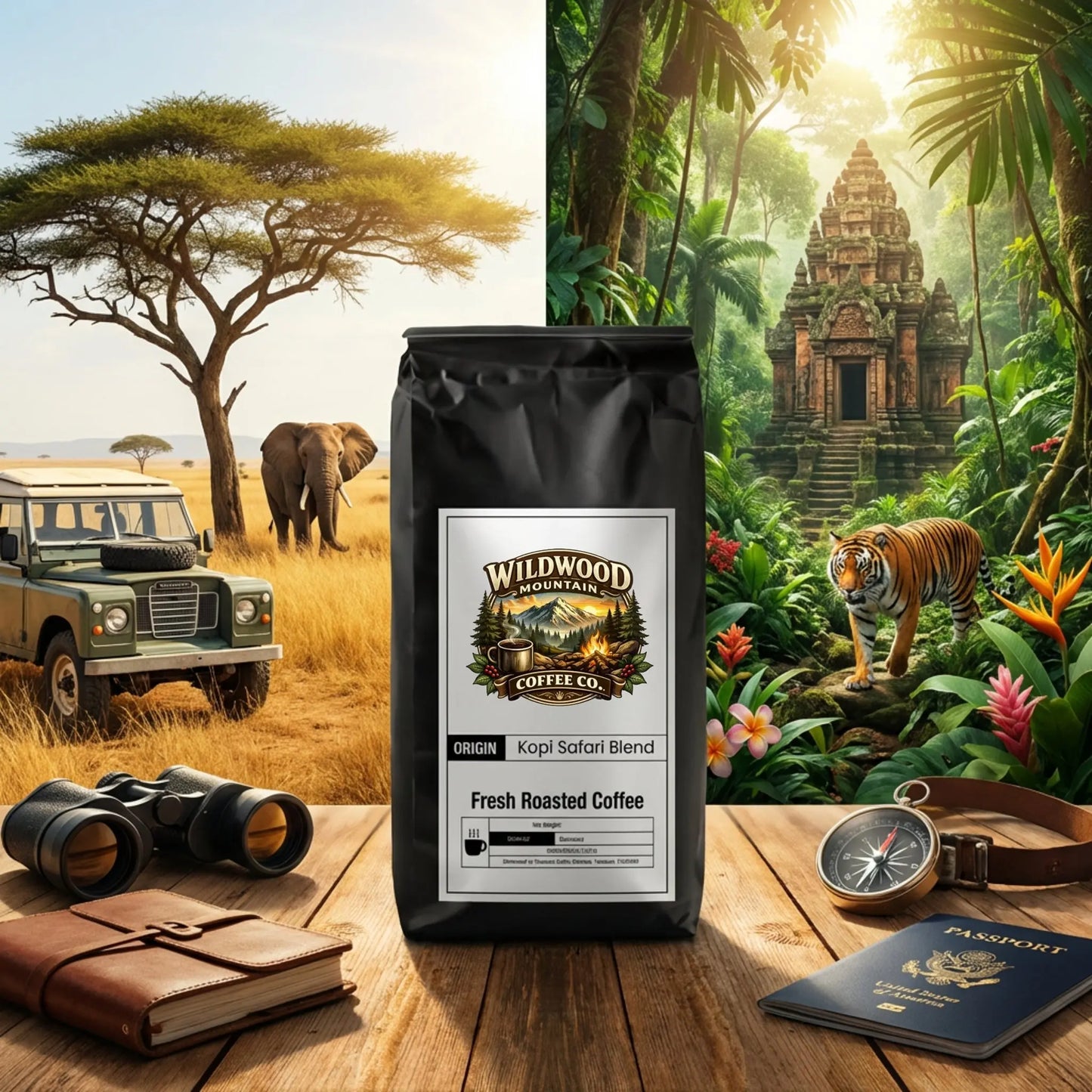 Wildwood Coffee Co. bag with an Aftrican safari-themed scenery on the left including an elephant and an Indonesian tiger, and temple on the right.