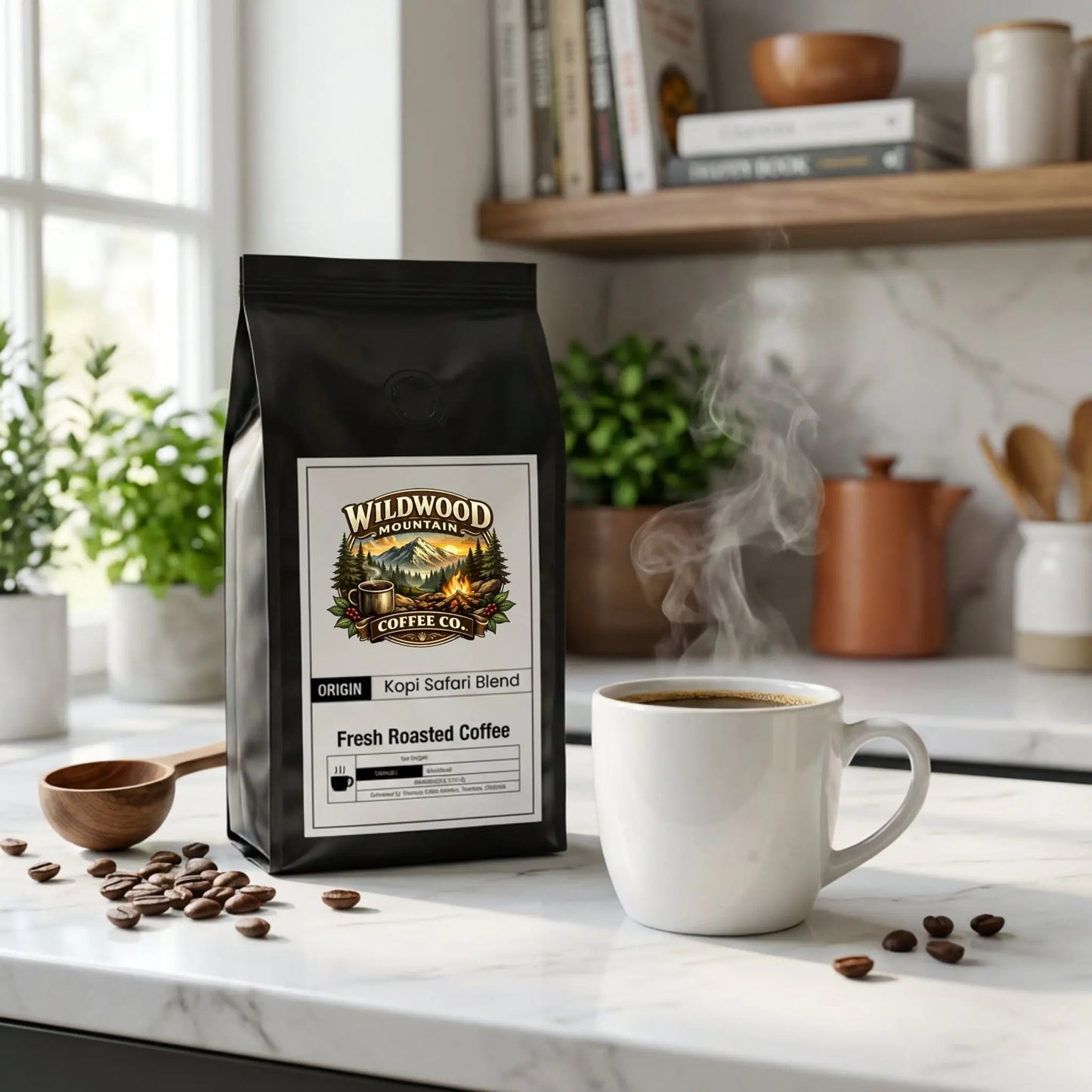 Wildwood Mountain Coffee Co. bag with a steaming cup of coffee on a marble countertop.