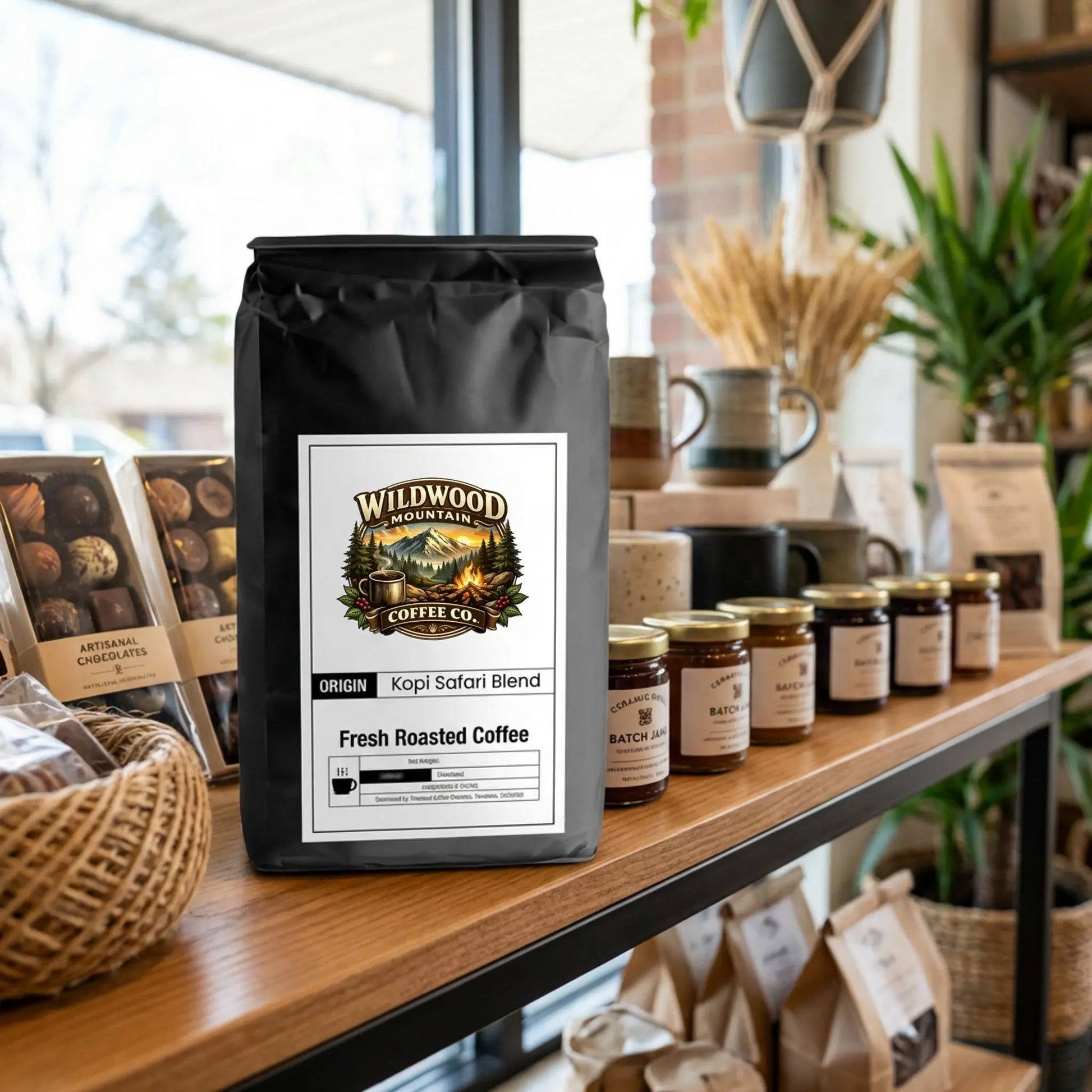Wildwood Mountain Coffee Co. bag on a wooden shelf with coffee and chocolate products.