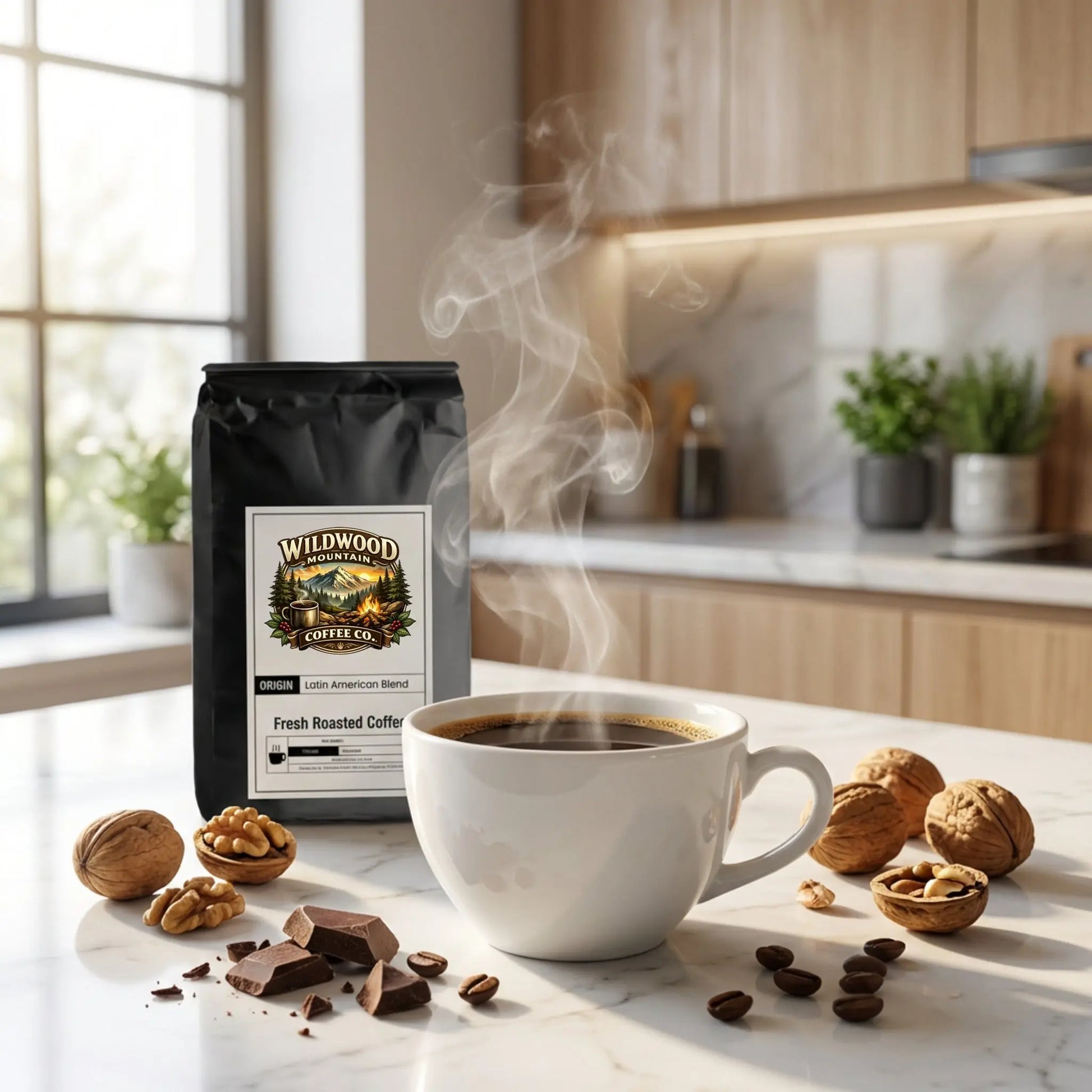 Steaming cup of coffee with Wildwood Mountain Coffee bag on a kitchen counter