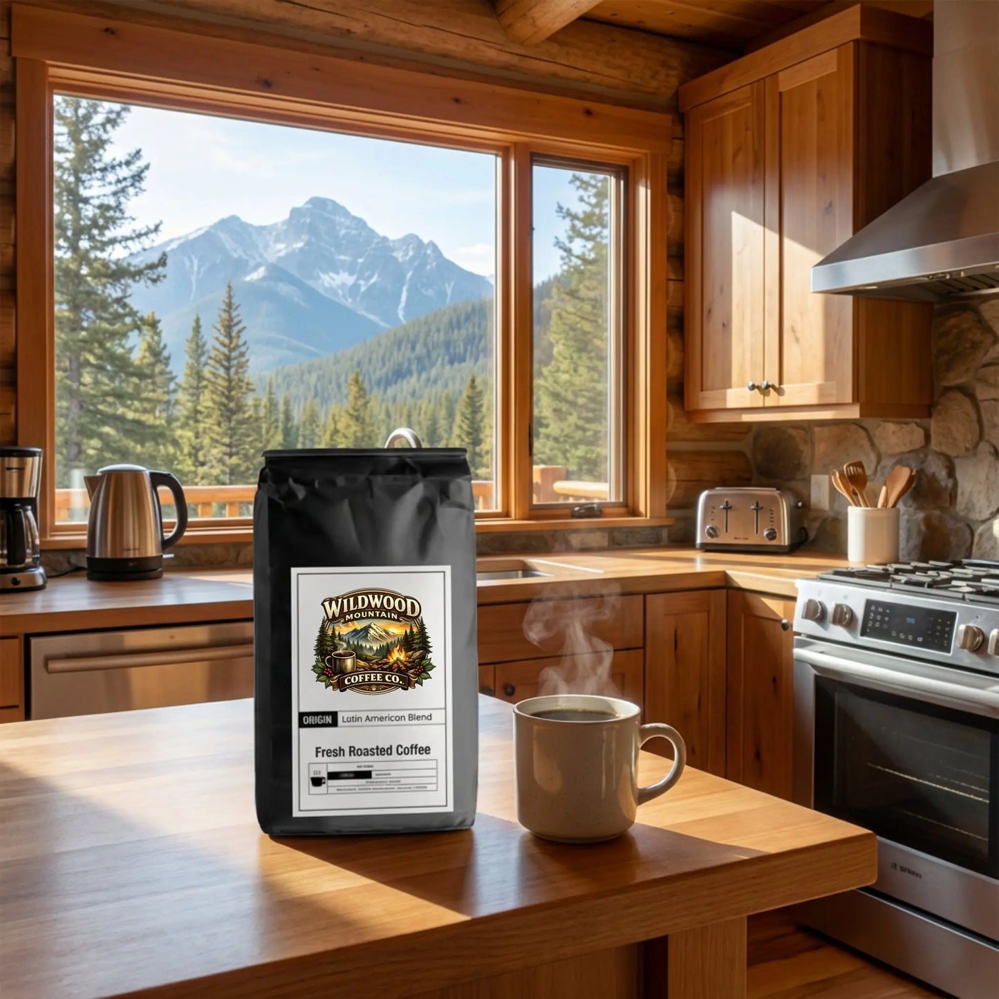 Cup of coffee with a Wildwood Coffee Co. bag on a kitchen counter with mountain view