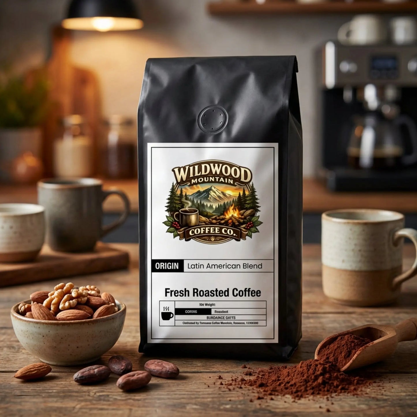 Wildwood Mountain Coffee Co. coffee bag on a wooden table with coffee beans and a coffee machine in the background.