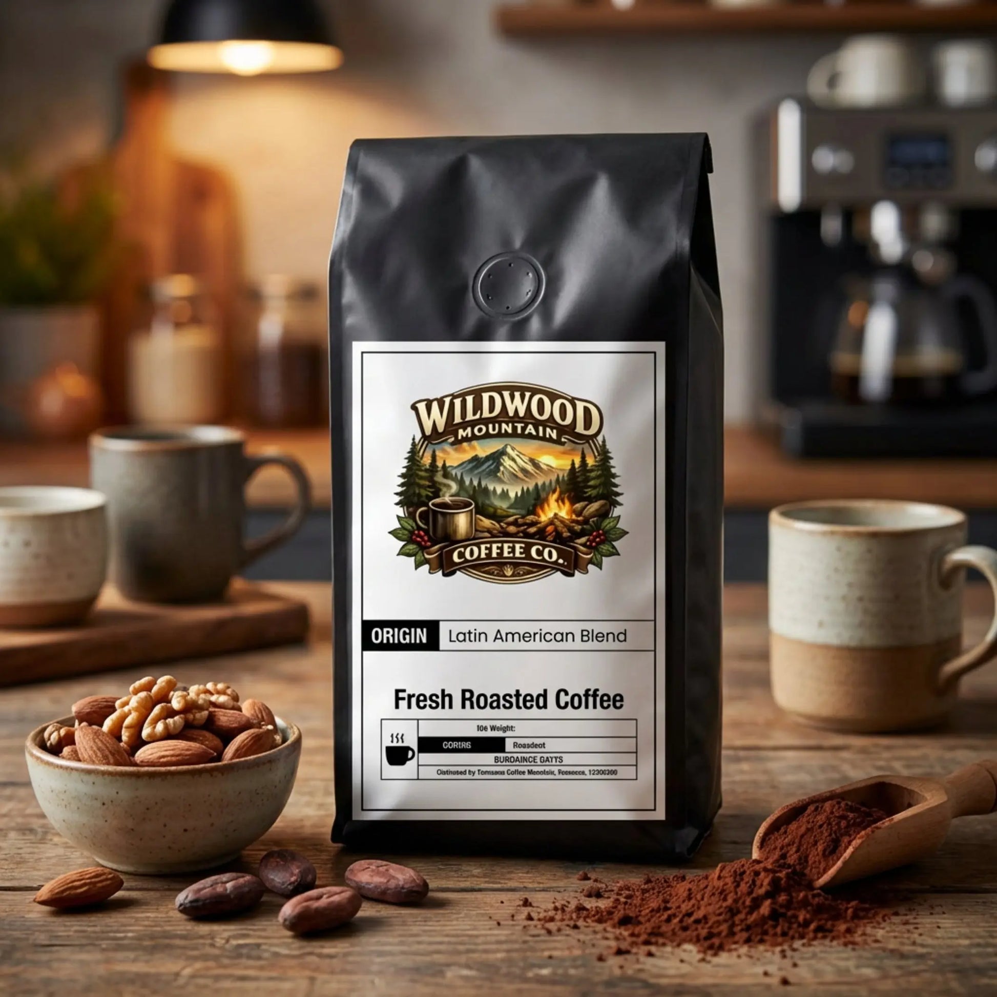 Wildwood Mountain Coffee Co. coffee bag on a wooden table with coffee beans and a coffee machine in the background.