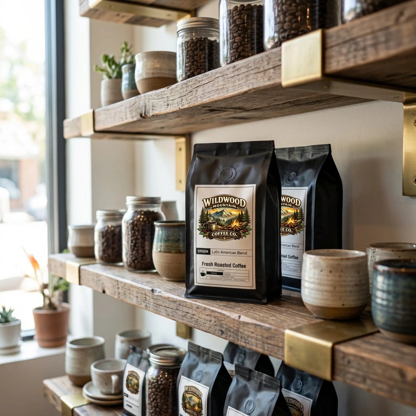 Wooden shelves with coffee bags and beans in a cozy setting