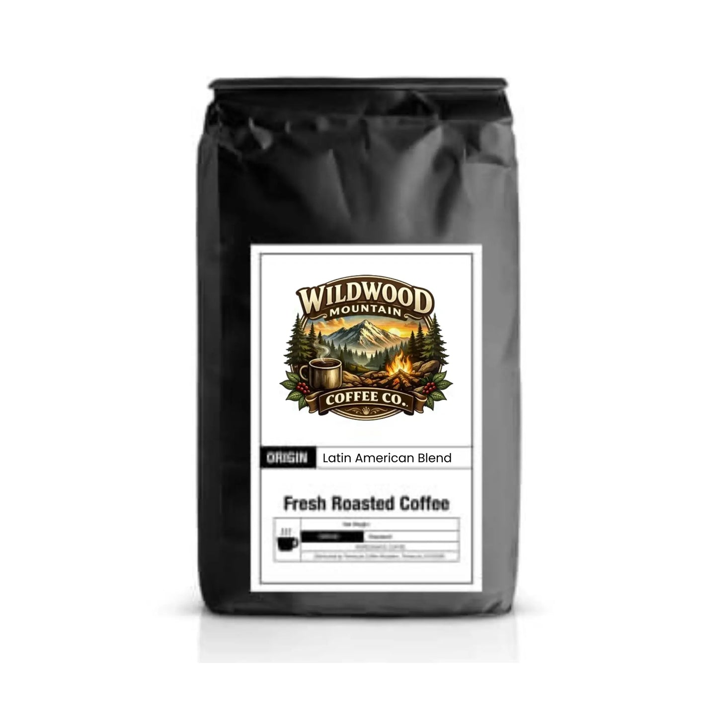 Black coffee bag with Wildwood Mountain Coffee Co. label on a white background