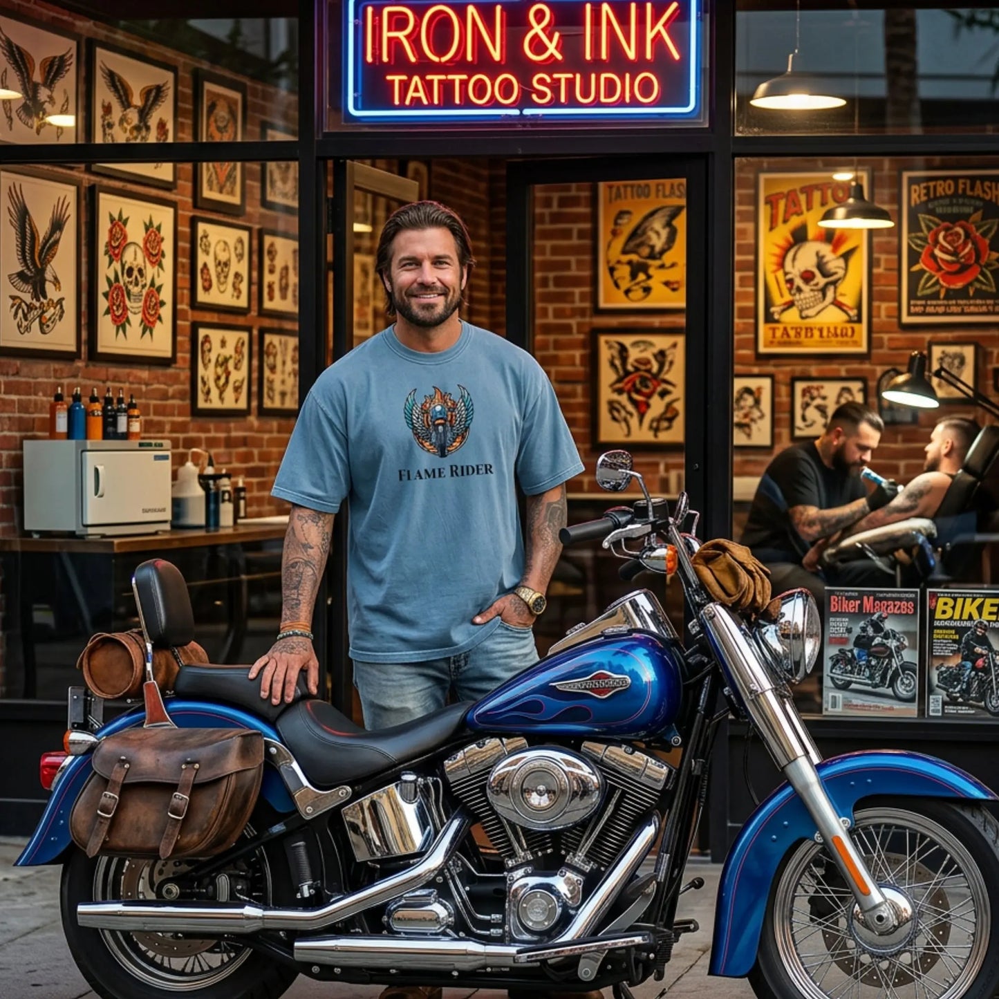 Man standing next to a blue motorcycle in front of an Iron & Ink Tattoo Studio with washed denium Flam Rider T-shirt on. 