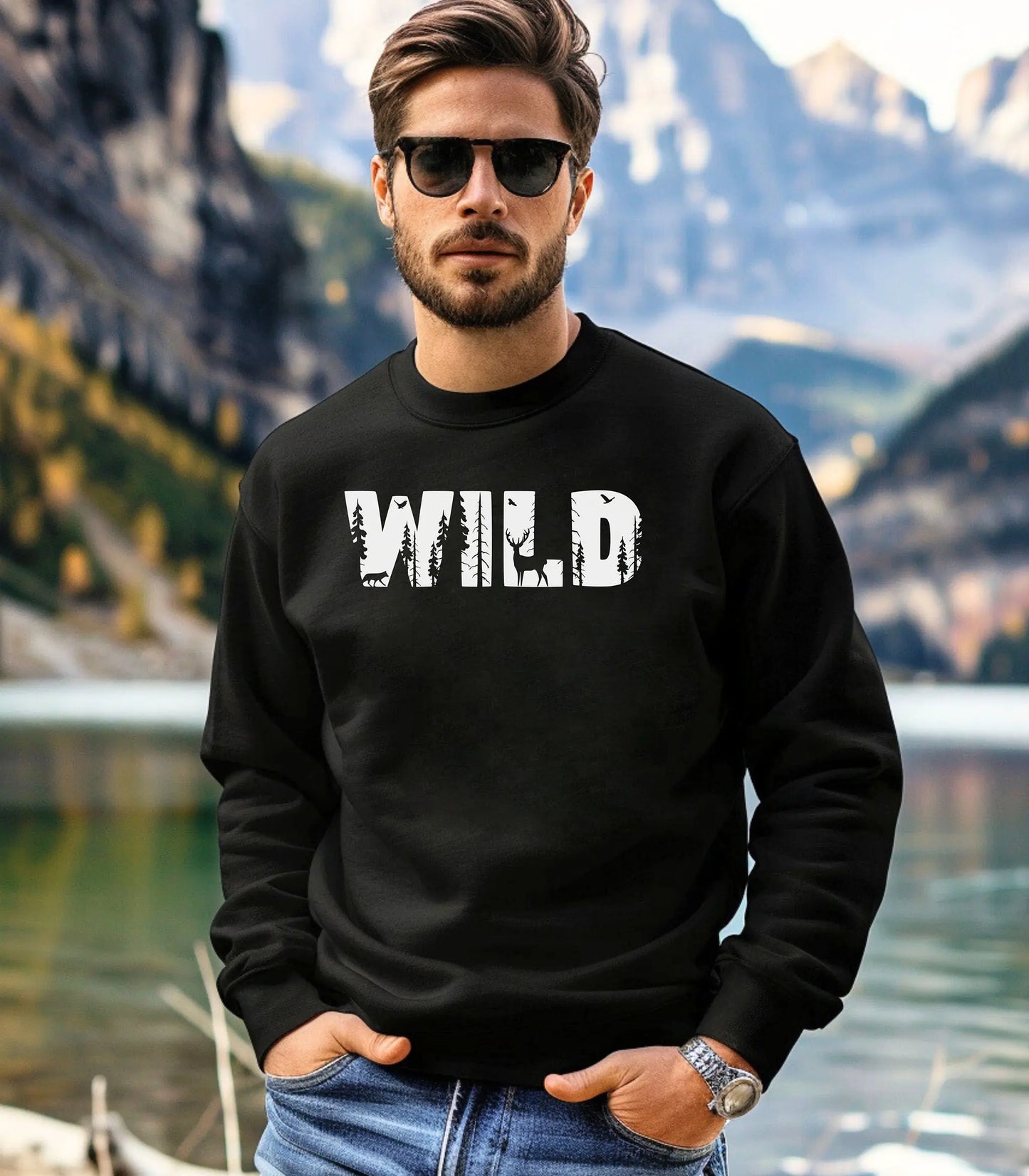 Man wearing a black sweatshirt with 'WILD' text, standing in front of a mountainous landscape.