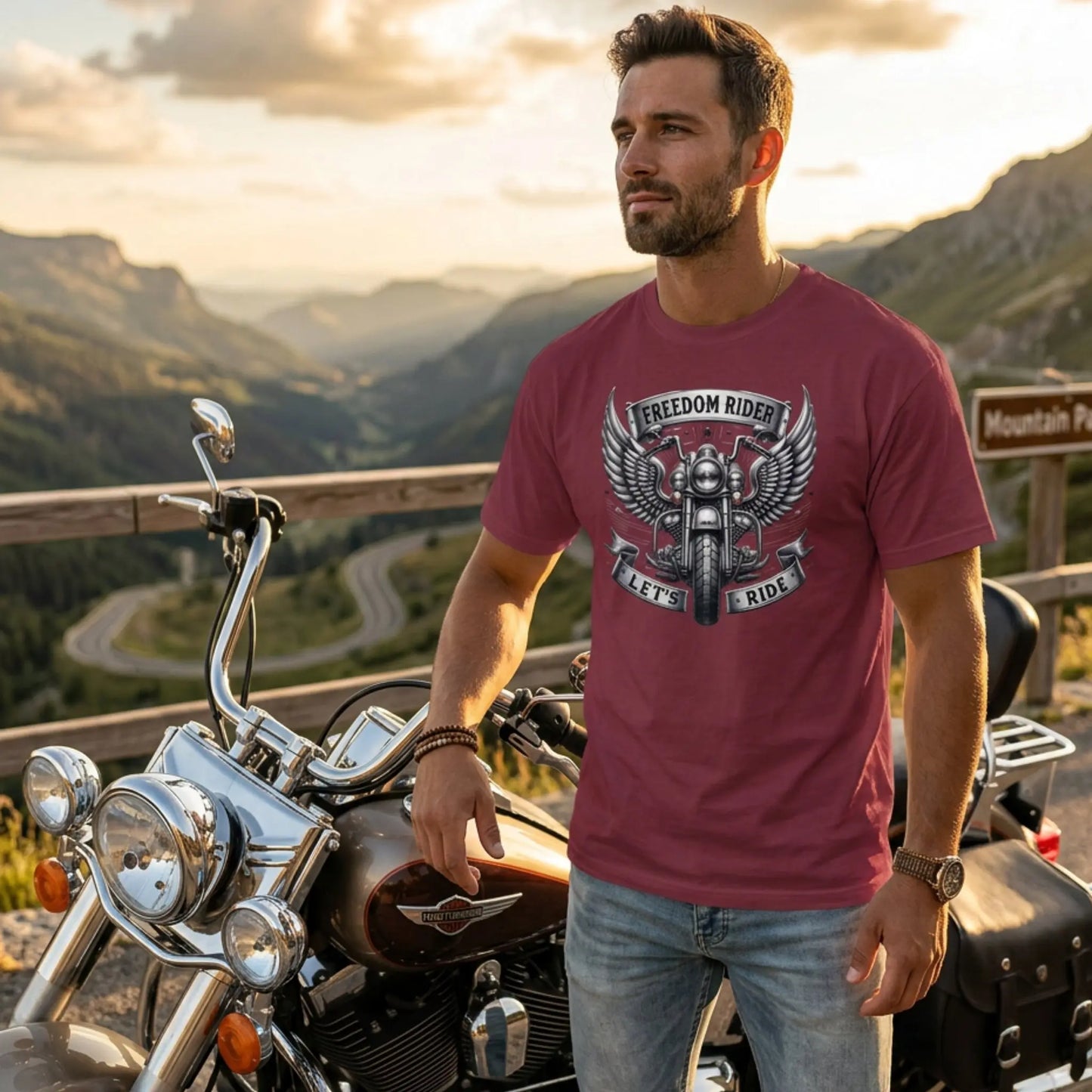 Man wearing a chili 'Freedom Rider' t-shirt standing next to a motorcycle with a scenic mountain backdrop.