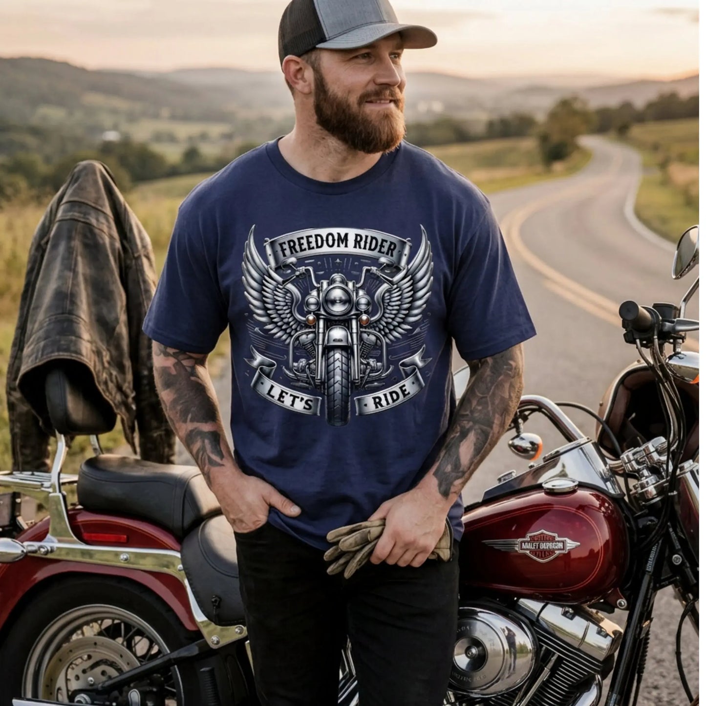 Man wearing a true navy 'Freedom Rider' t-shirt standing next to a motorcycle on a scenic road.