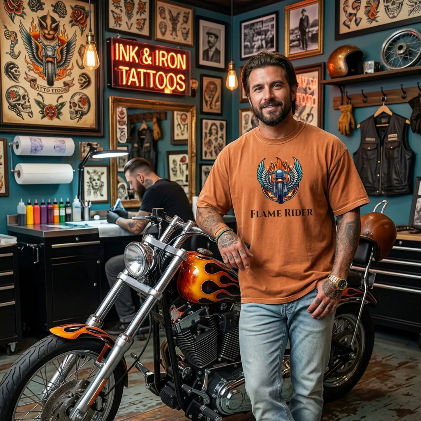 Man wearing a yam Flam Rider t-shirt standing next to a motorcycle in a tattoo parlor with tattoos and neon signs on the walls.