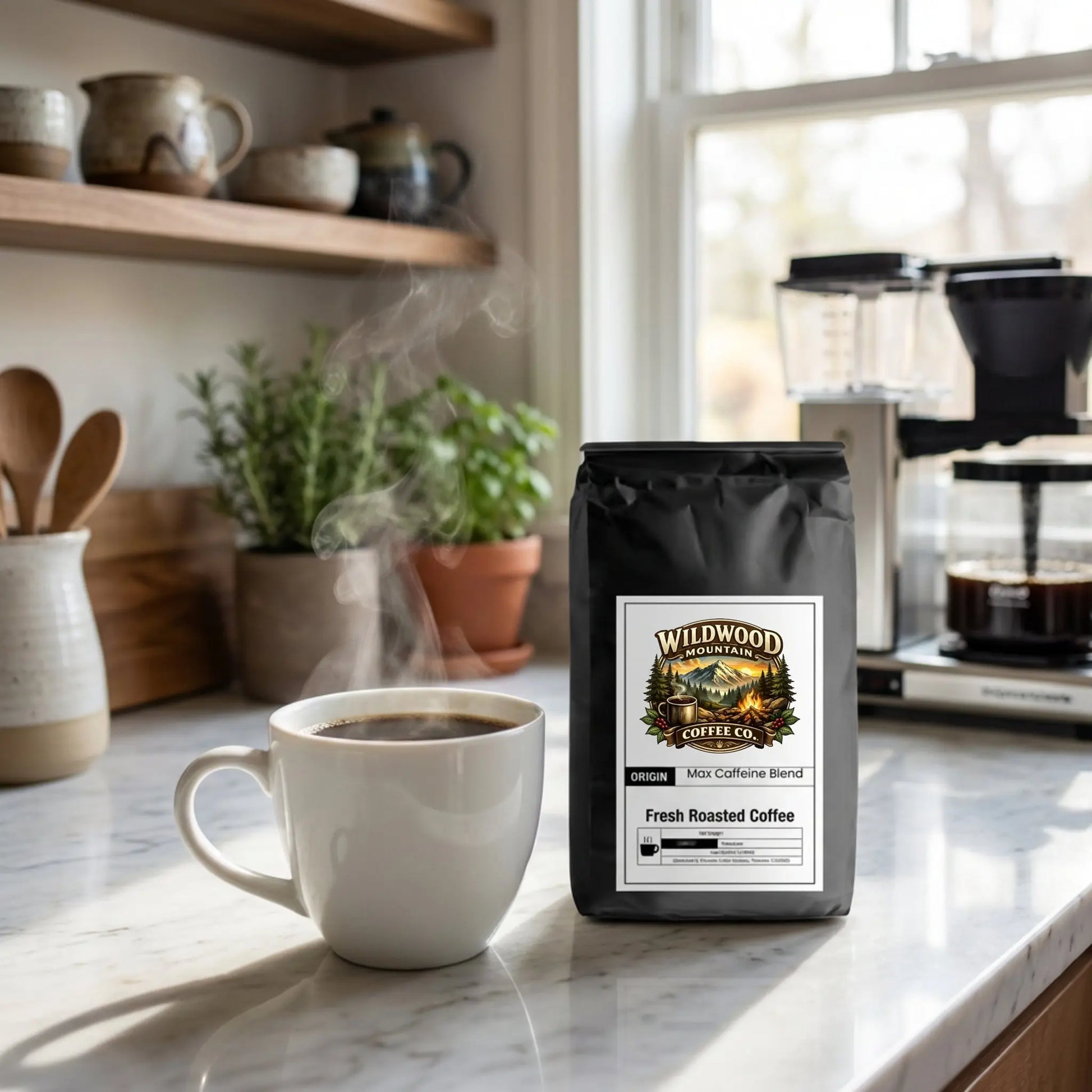 Bag of Wildwood Coffee Co. coffee on a kitchen counter with a steaming cup of coffee.
