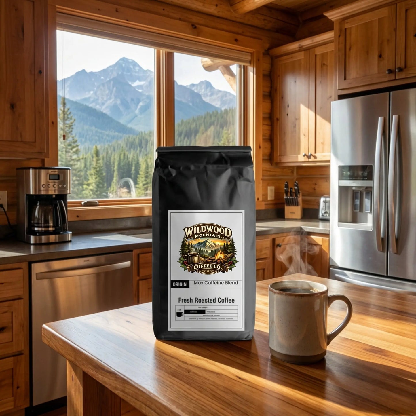 Wildwood Mountain Coffee Co. bag on a kitchen counter with a scenic view of mountains and trees.