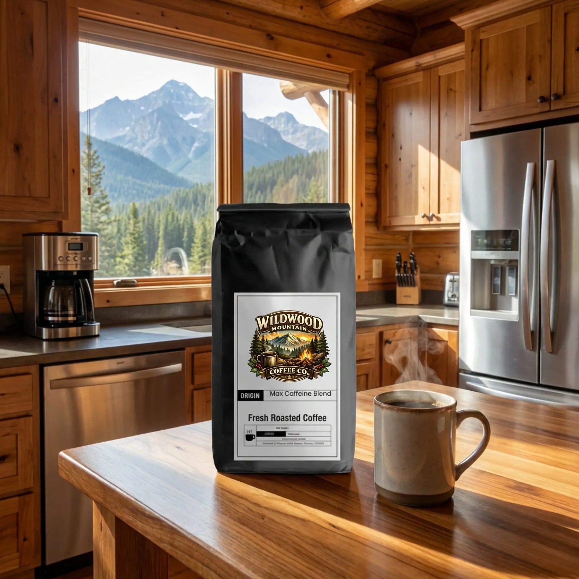 Wildwood Mountain Coffee Co. bag on a kitchen counter with a scenic view of mountains and trees.