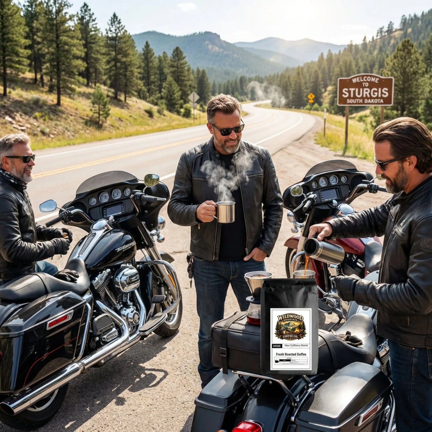 Three men on motorcycles in a scenic area with a 'Welcome to Sturgis South Dakota' sign.