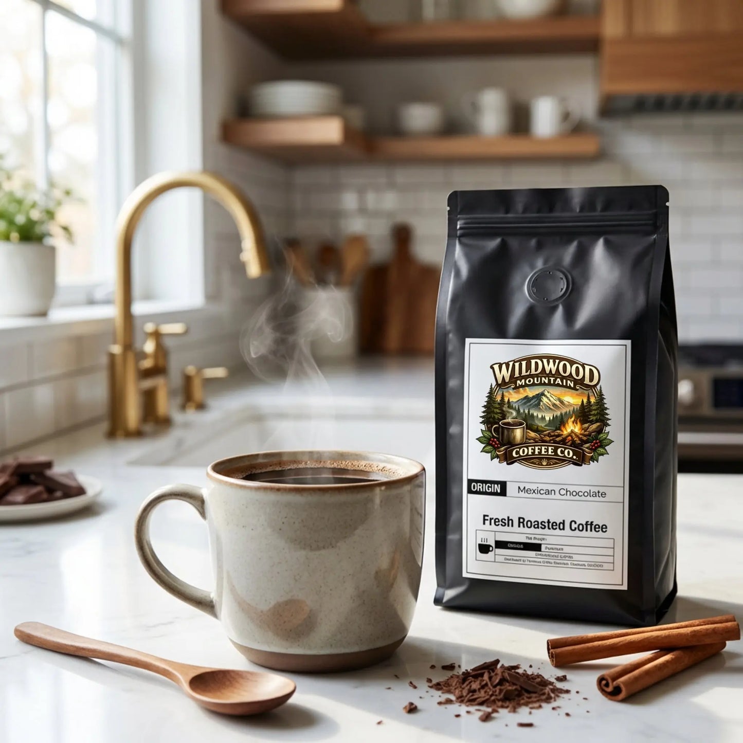 Wildwood Mountain Coffee Co. package with a mug of coffee on a kitchen counter.