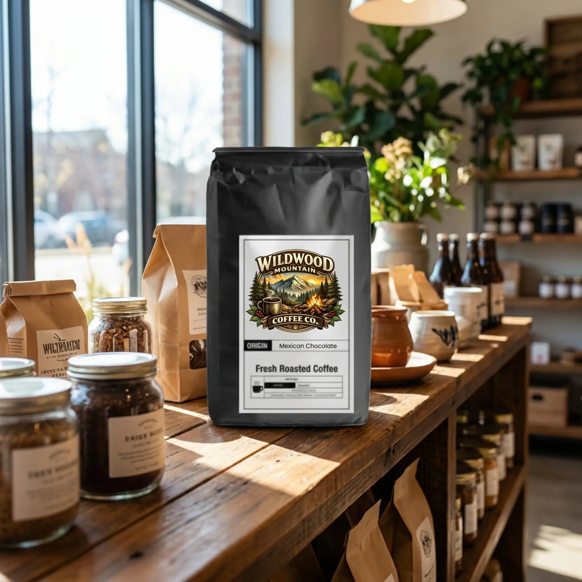 Wildwood Mountain Coffee Co. bag on a wooden shelf with various items in a store setting