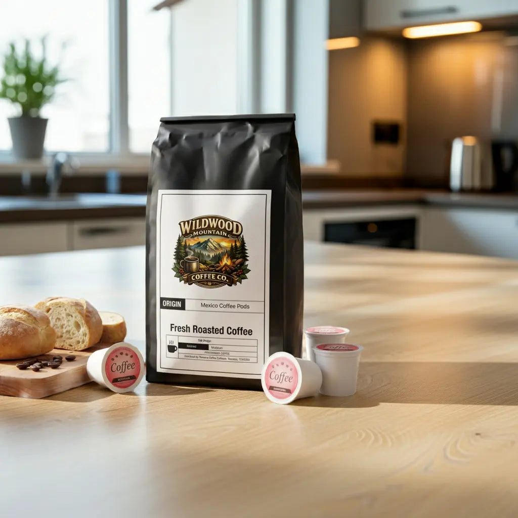 Wildwood Coffee Co. package on a kitchen counter with coffee pods and bread.