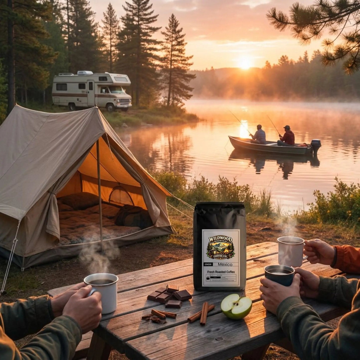Camping scene with a tent, coffee, and sunset over a lake.  Campers drinking hot coffee.