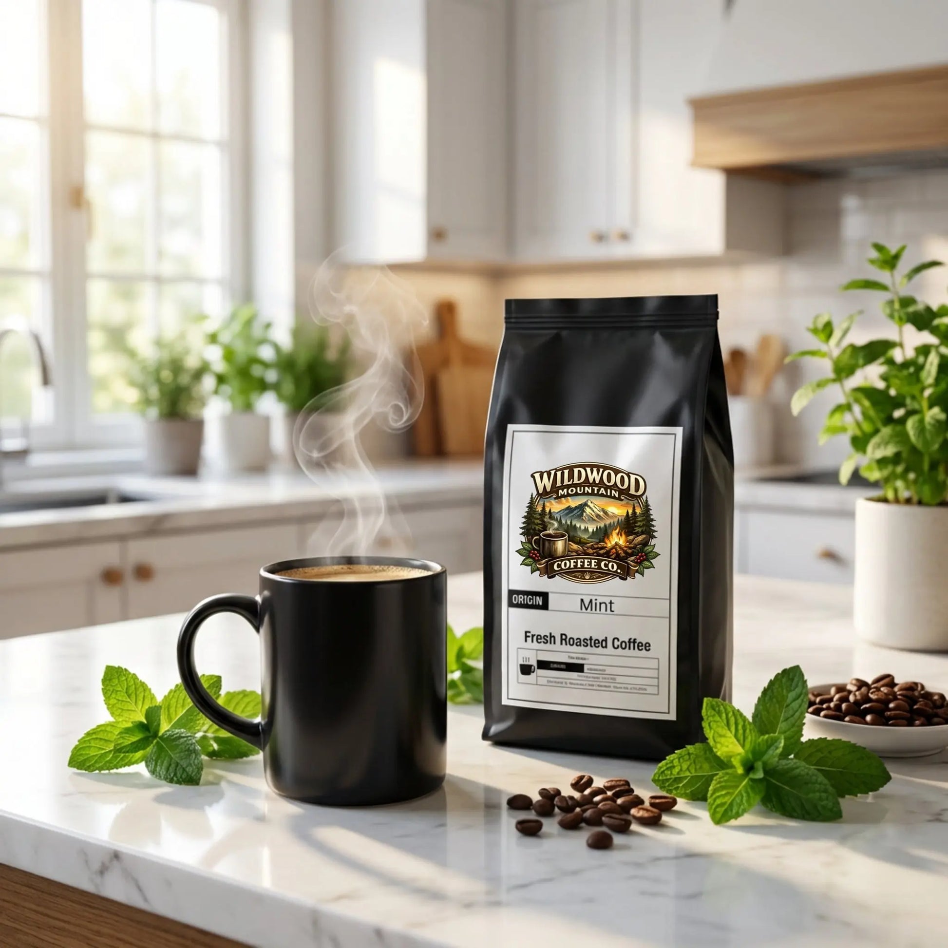 Black coffee mug with steam, Wildwood Mountain Coffee Co. bag, and mint leaves on a kitchen counter.