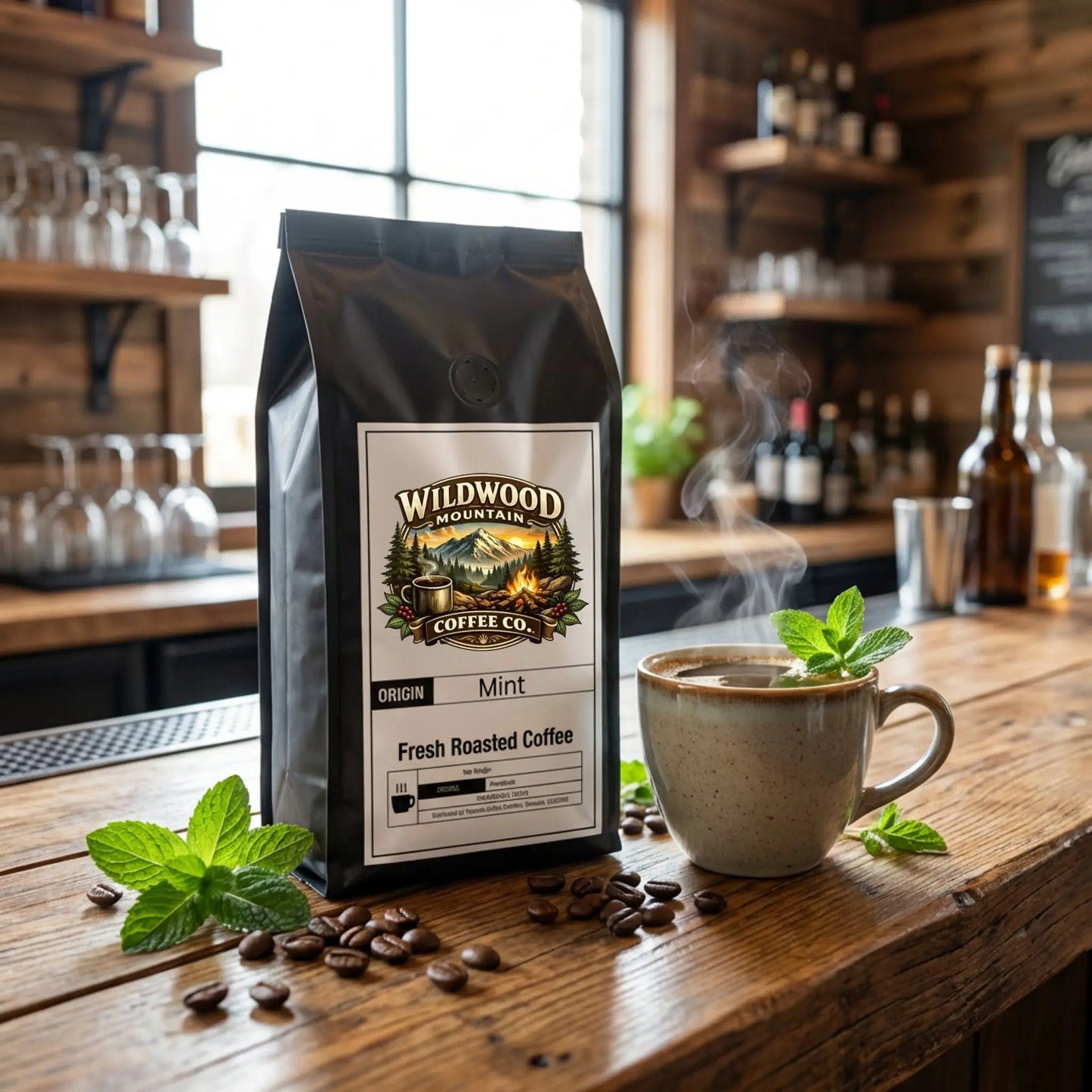 Wildwood Mountain Coffee Co. bag with a steaming cup of coffee on a wooden table.