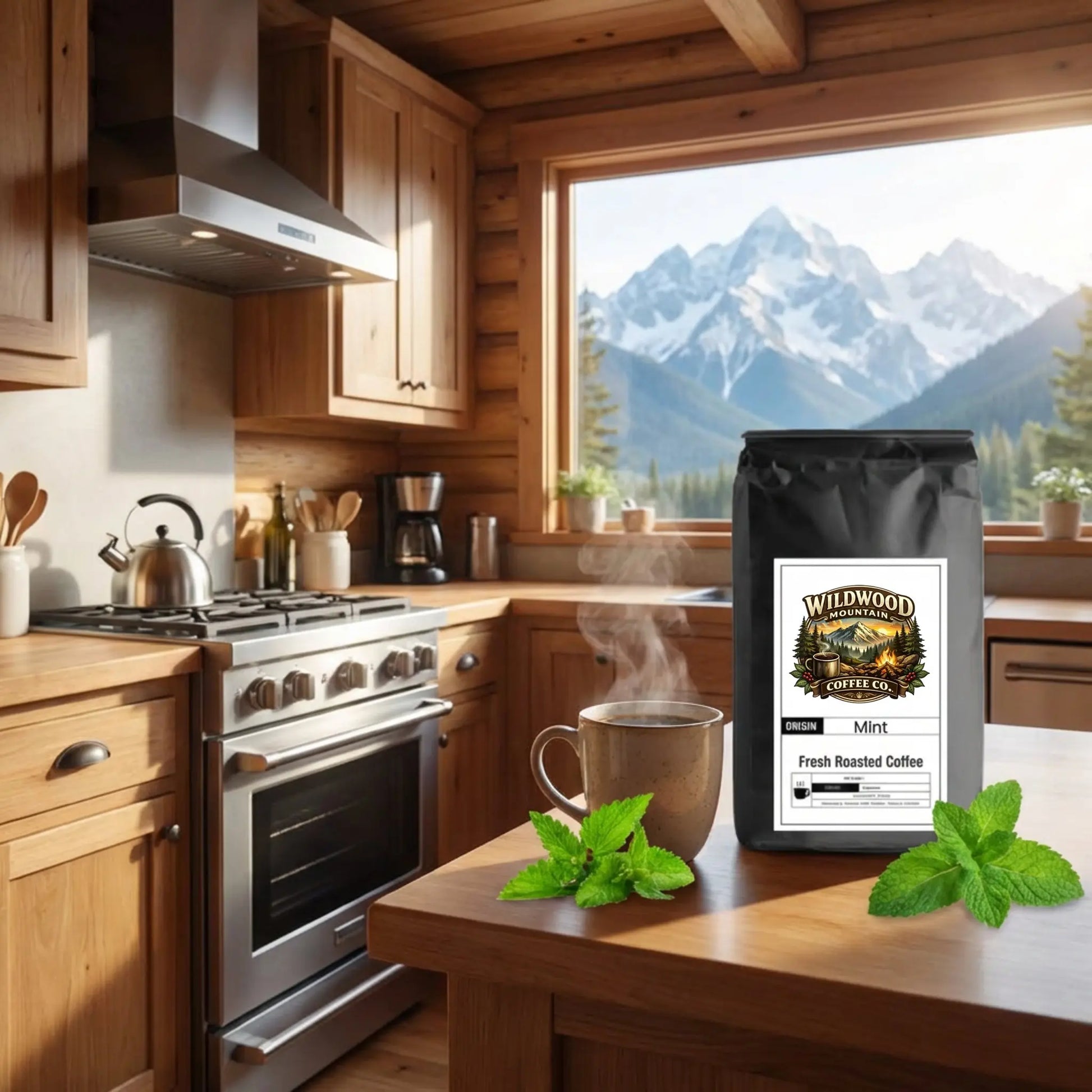 Kitchen with wooden cabinets and a view of mountains, featuring a bag of Wildwood Coffee Co. coffee and a steaming mug.