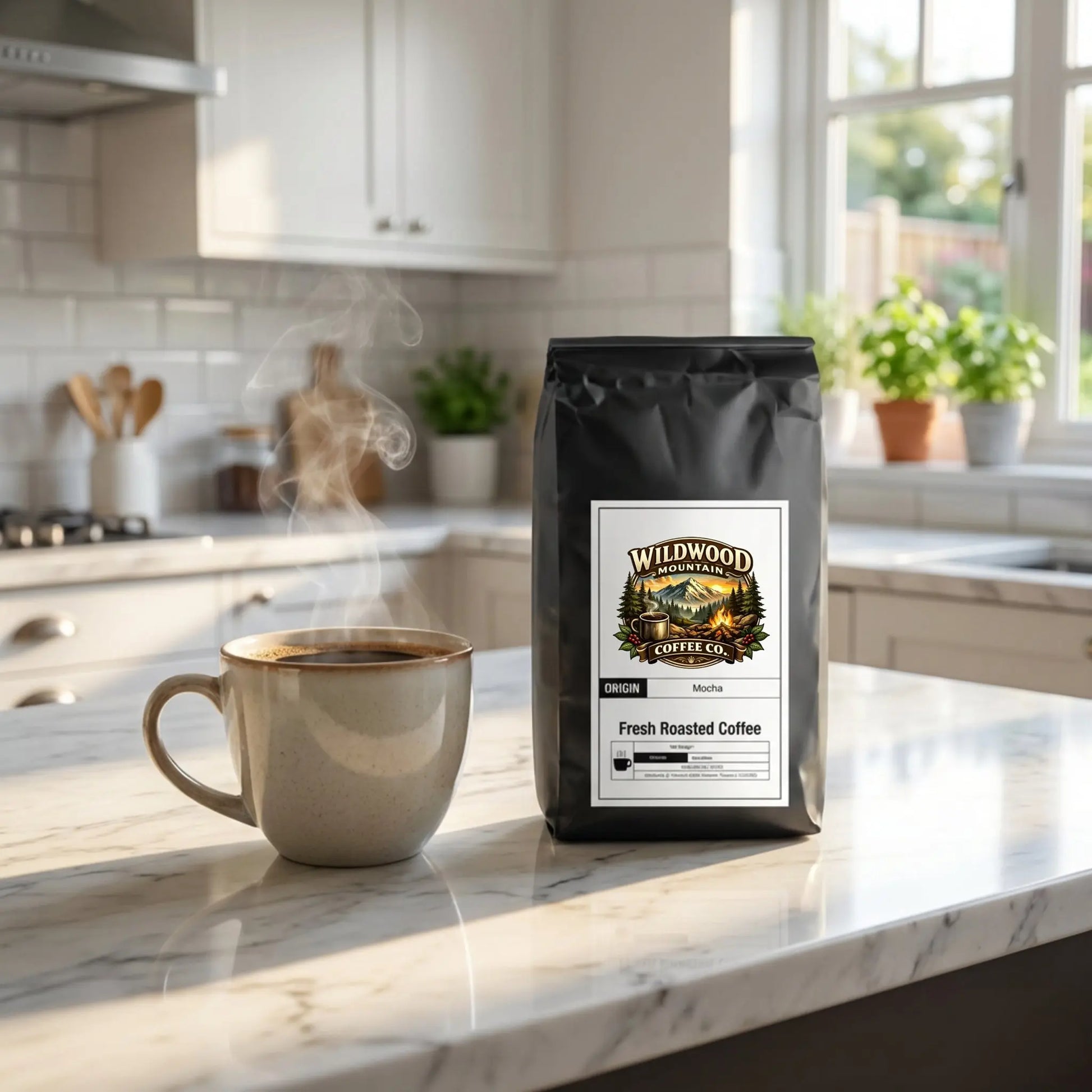 Bag of Wildwood Coffee Co. on a kitchen counter with a steaming mug.