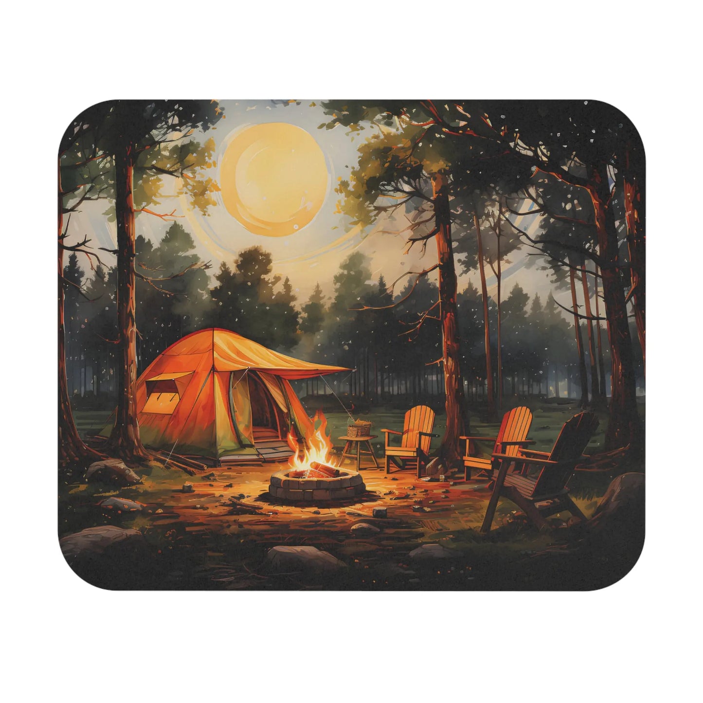 Camping scene with a tent, fire pit, and chairs under a full moon in a forest.