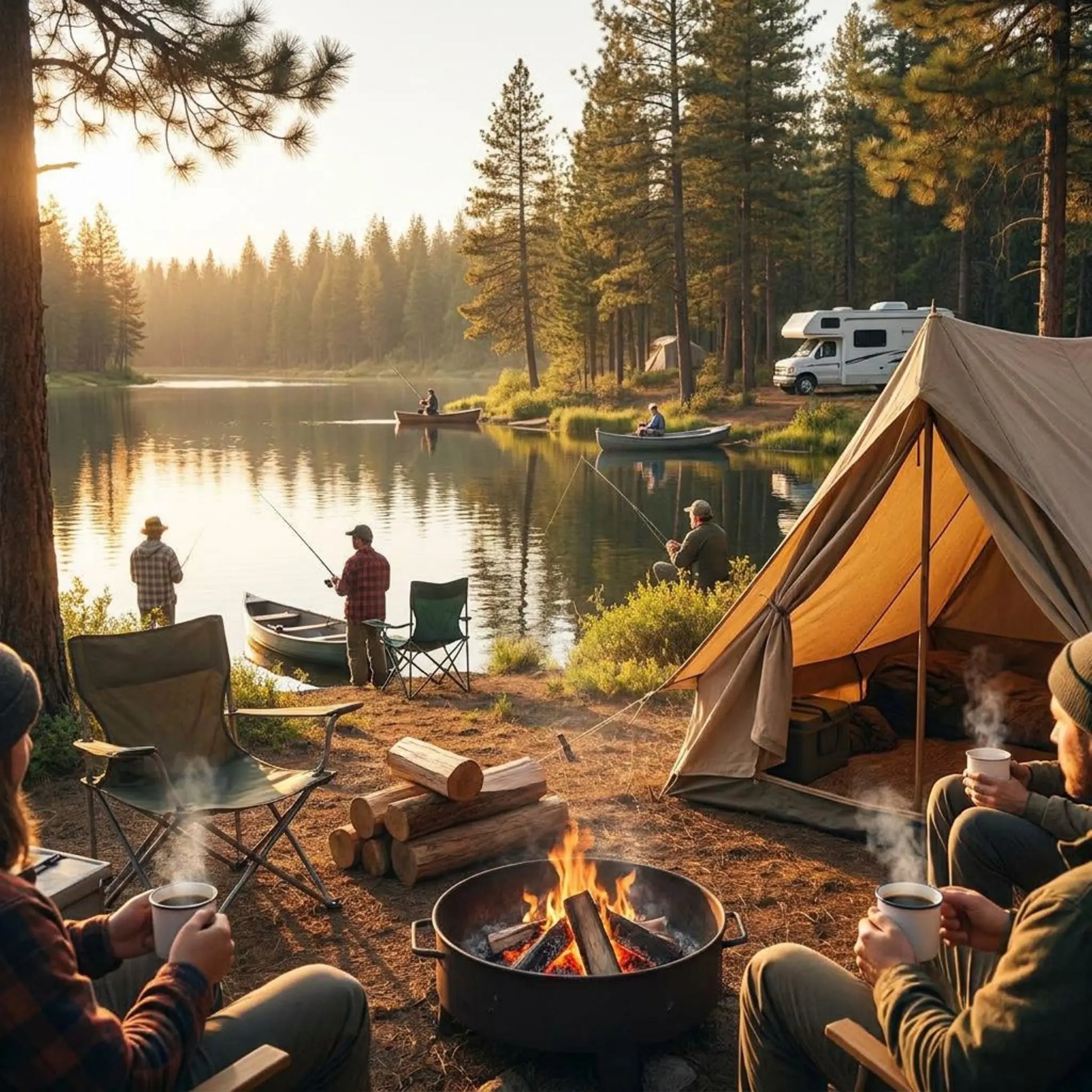 People camping by a lake with tents, fire pit, and boats drinking Mushroom coffee - Dark Roast