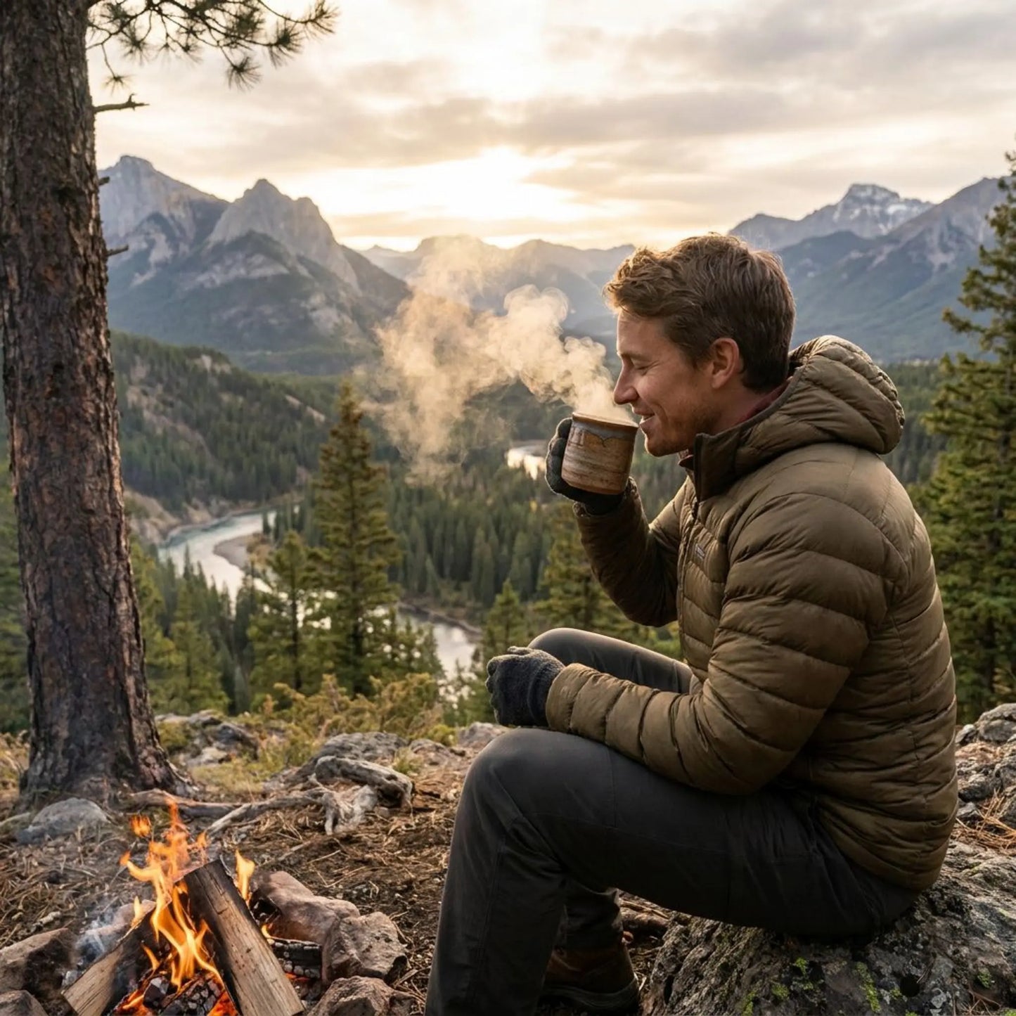 A hiker sitting by a campfire with mountains and river in the background
