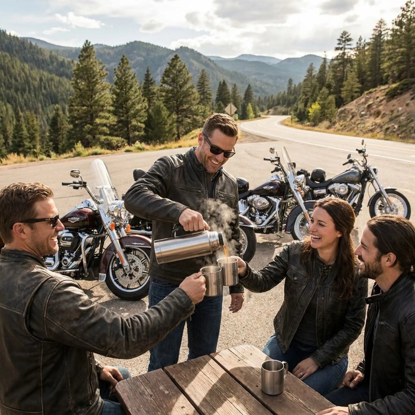 Group of people with motorcycles enjoying a drink of hot coffee outdoors in a scenic area.