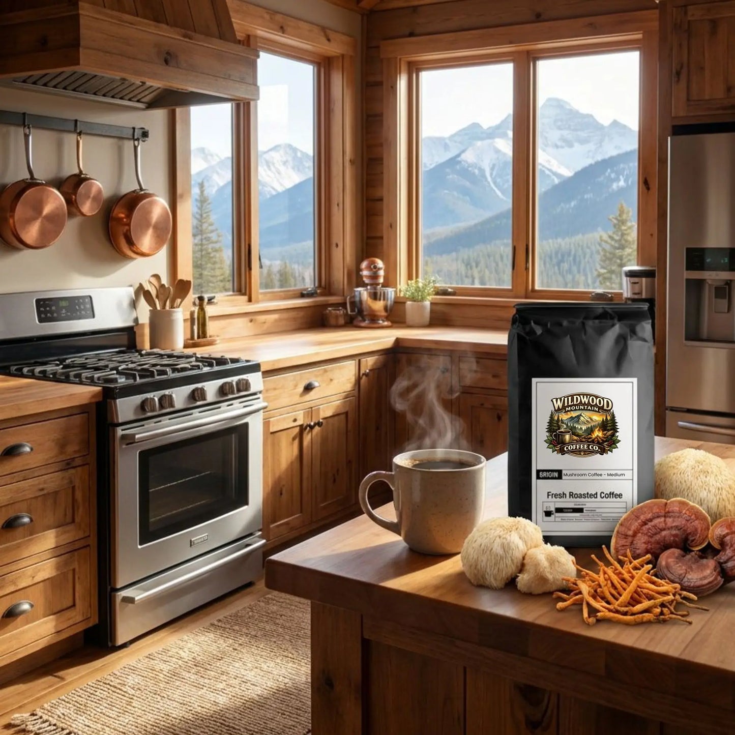 Mountain Cabin Kitchen with wooden cabinets, stove, and coffee setup with a view of mountains.  Mushrooms on the countertop next to the coffee bag.