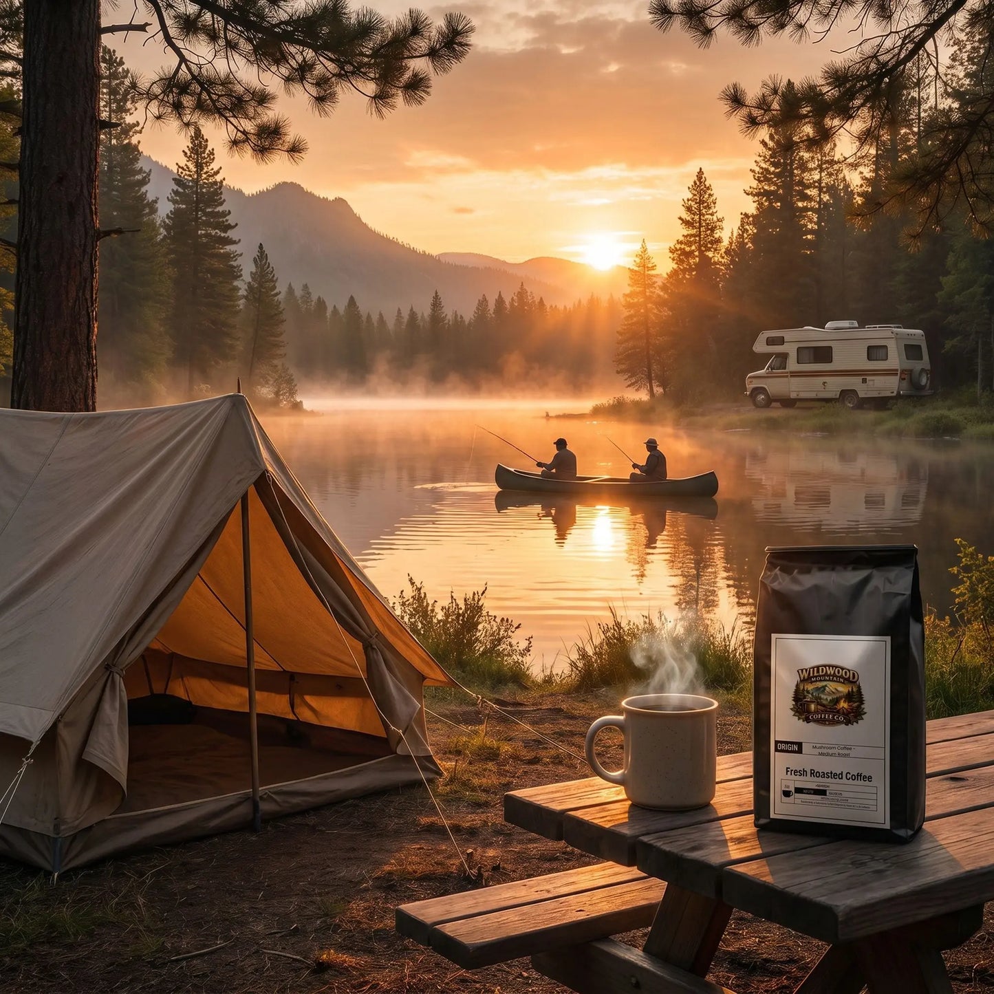 Camping scene, RV in the background, tent pitched, two fishermen on the lake in a boat, coffee bag and steaming hot cup of coffee on a picnic table.