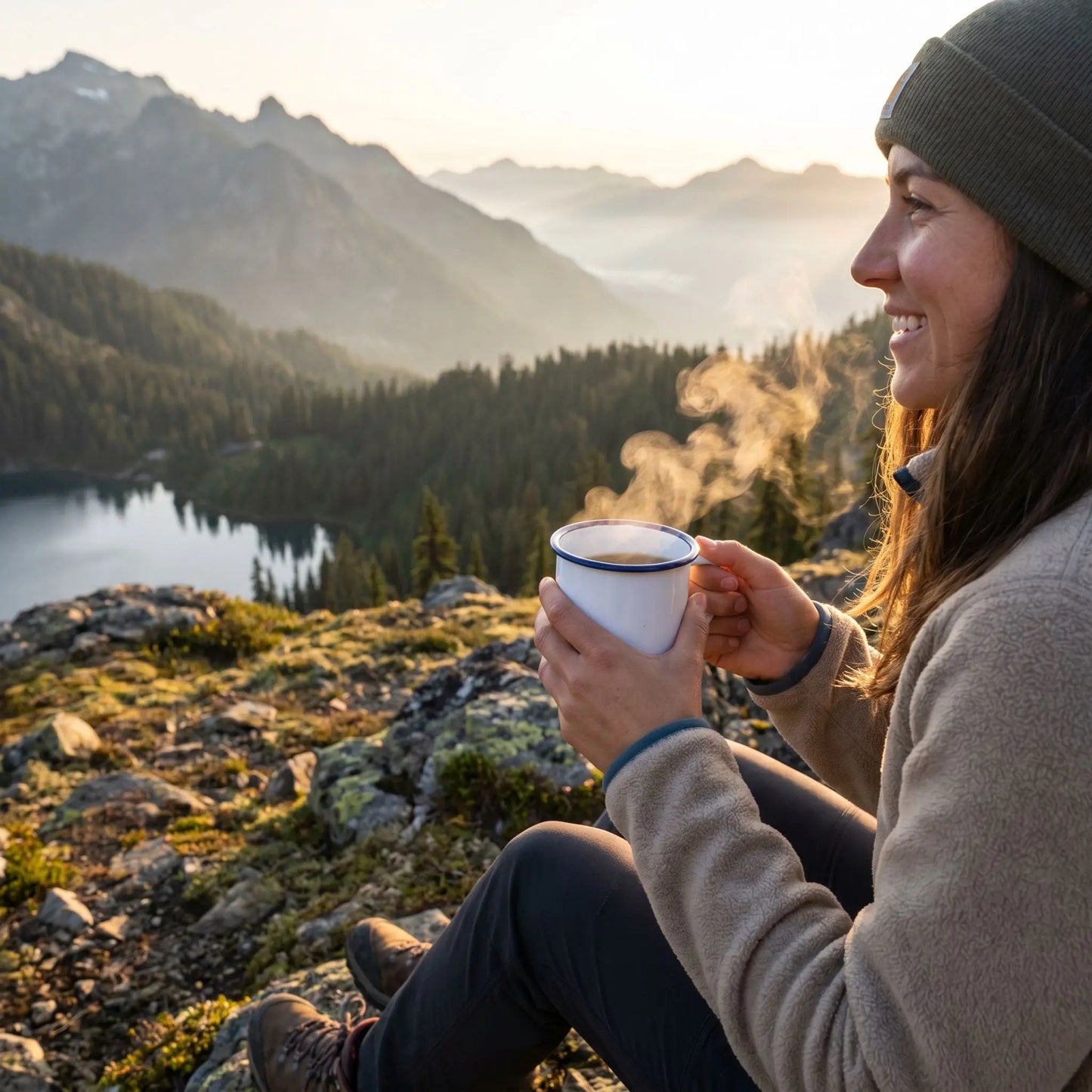 Person sitting on a mountain top holding a mug with a scenic view of a lake and mountains.