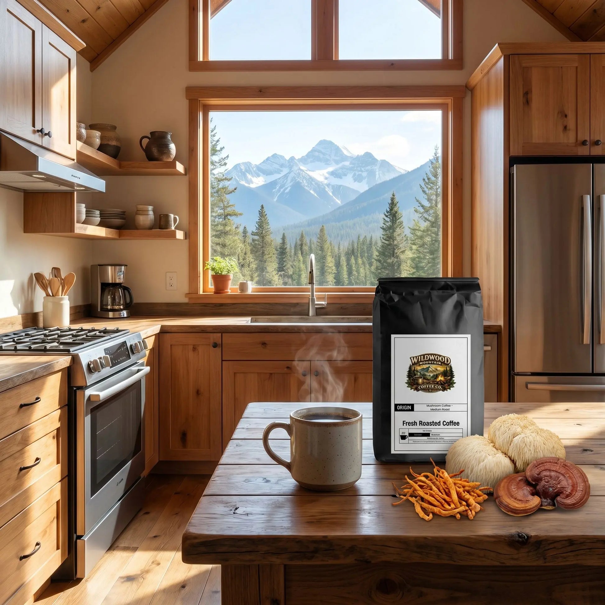 Mountain Cabin Kitchen with a view of mountains, coffee, and mushrooms on a table.