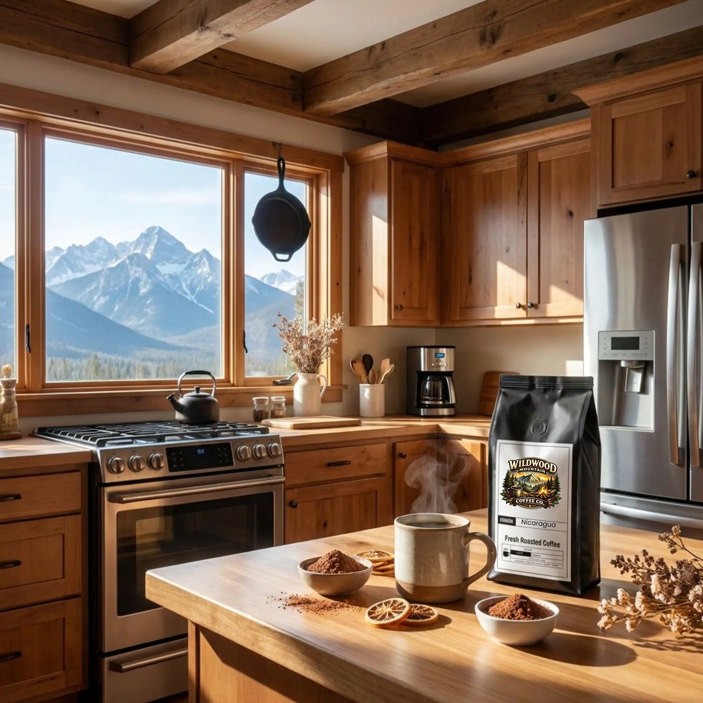 Modern Mountain Cabin kitchen with wooden cabinets, stainless steel appliances, and a view of mountains.