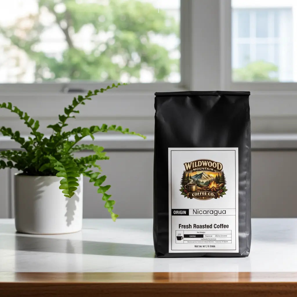 Bag of Wildwood Mountain Coffee Co. Nicaragua coffee on a table with a plant in the background